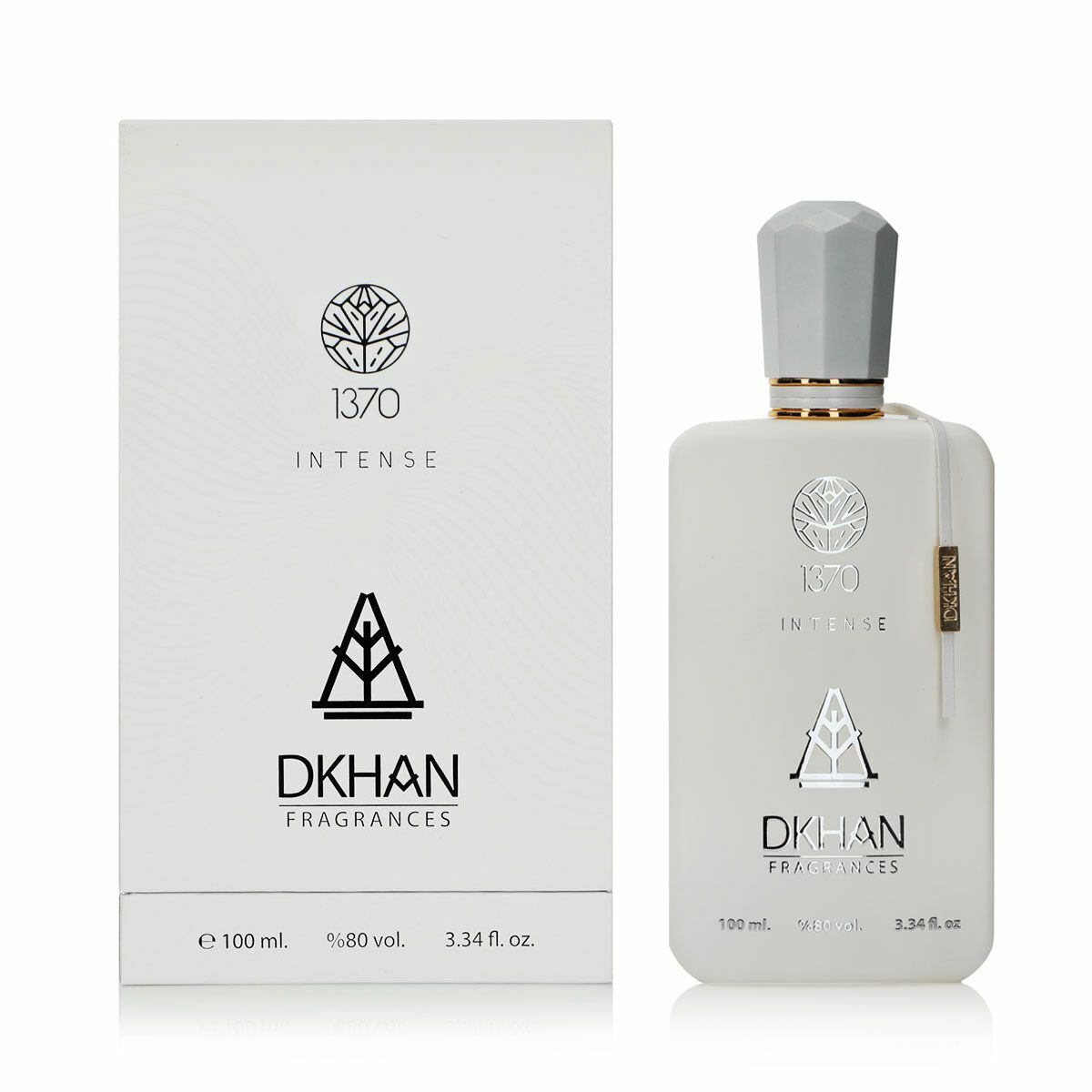 The image showcases a frosted glass perfume bottle with a matte finish and a silver cap, standing next to its packaging. The bottle and the box both prominently feature the embossed branding "1370 INTENSE" and the "DKHAN FRAGRANCES" emblem. Above the branding on both items, a leaf-like logo is present. On the bottle's right side, there is a slender vertical label with additional details. The box mimics the bottle's color and has a subtle texture with curved lines radiating from the center.