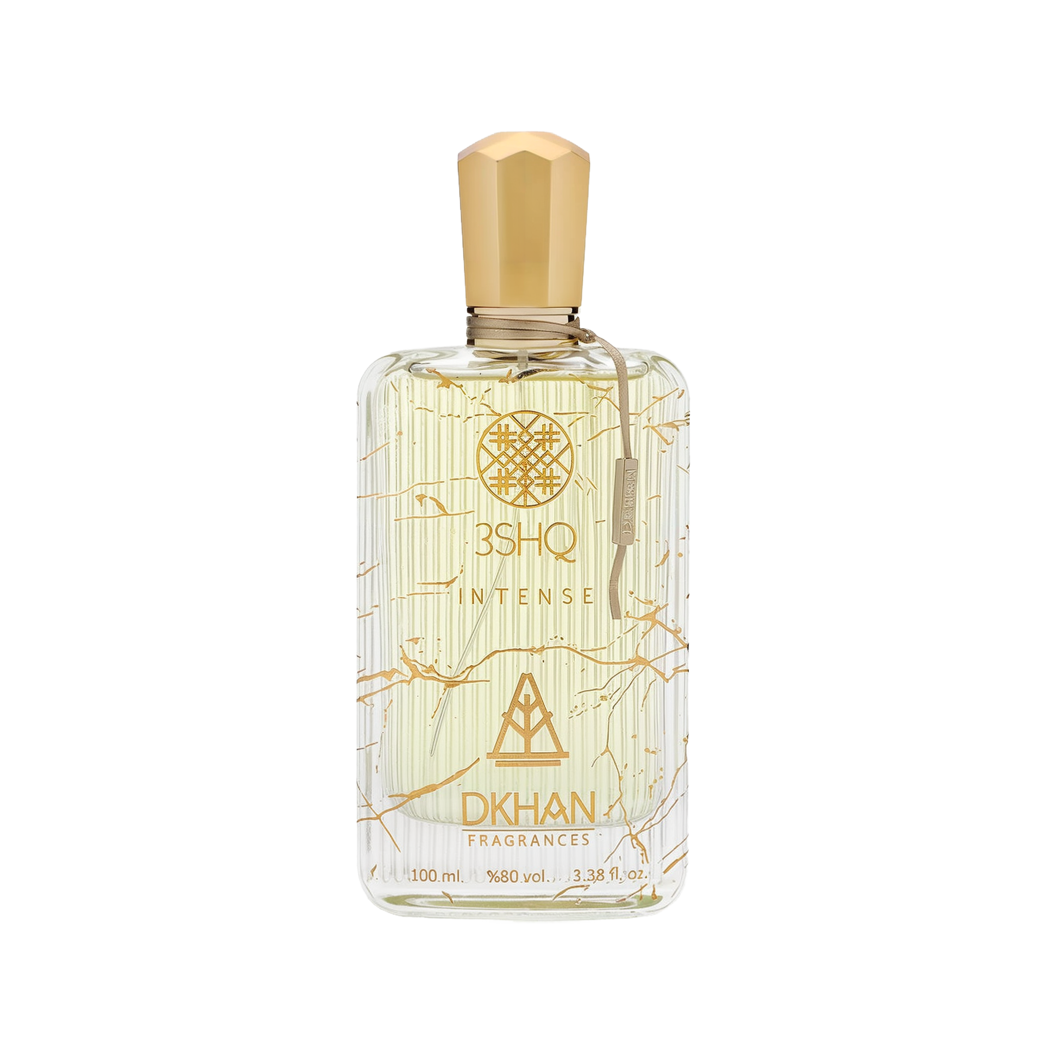 The image displays an elegant, clear glass perfume bottle adorned with artistic golden lines and splashes against a soft, off-white backdrop. The bottle is labeled "3SHQ INTENSE" in a refined font, with the "DKHAN FRAGRANCES" emblem prominently featured beneath it. A gold-colored cap sits atop the bottle, complementing the golden accents. The fragrance liquid has a light, amber tint, suggesting a sense of warmth and richness.