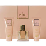The image features a men's grooming set called "PRIDE POUR HOMME" by the brand Afnan. The set includes a clear square glass perfume bottle with a gold cap and a label in the center with the word "PRIDE" in bold letters. Flanking the perfume are two tubes, one labeled as "ENERGIZING SHOWER GEL" and the other as "SOOTHING AFTER SHAVE BALM," both in a coordinating soft peach color.