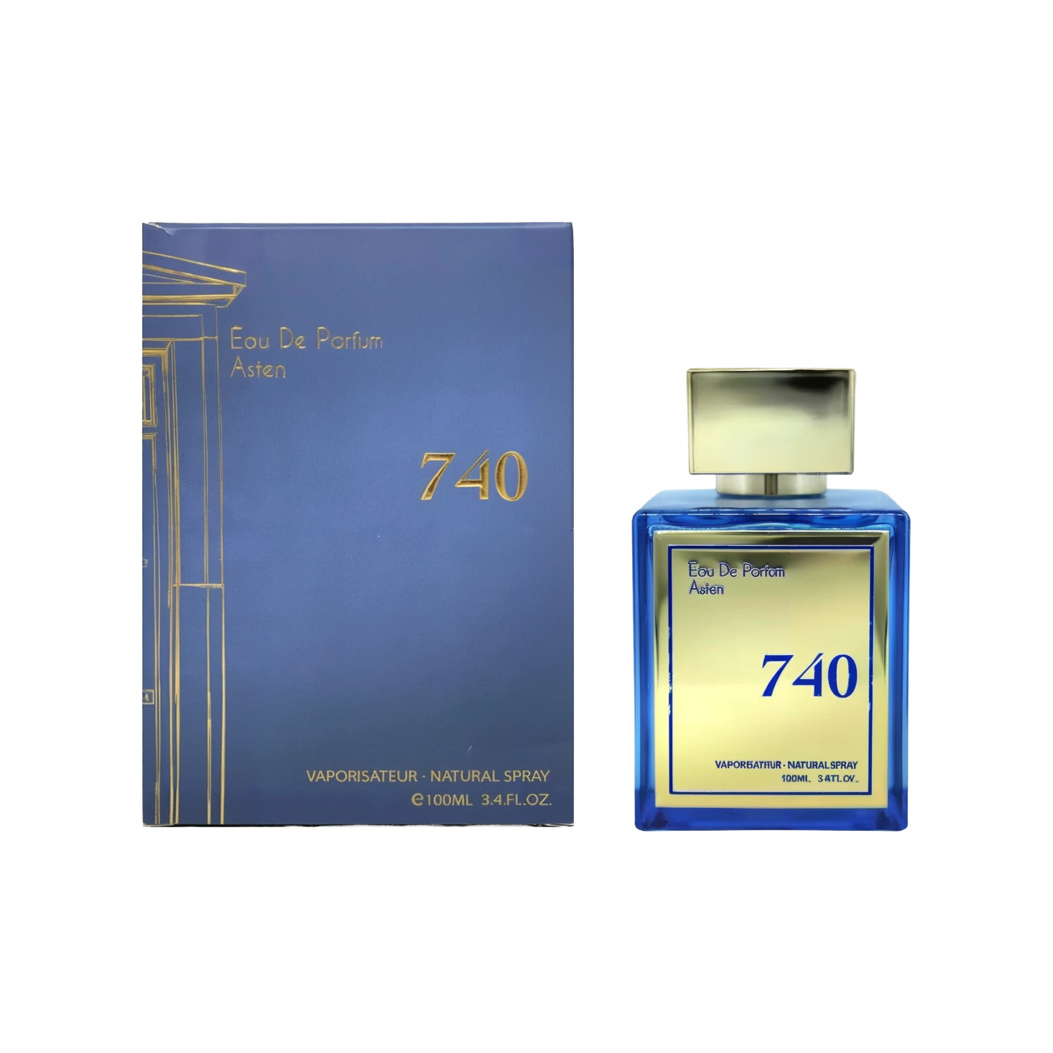 Image of the Eau De Parfum 'Asten 740' by Oudh Al Anfar. The product includes a blue box with gold accents and text that reads 'Eau De Parfum Asten 740' in elegant font. The 100ml perfume bottle has a matching blue design with a gold label and cap, giving it a luxurious appearance.