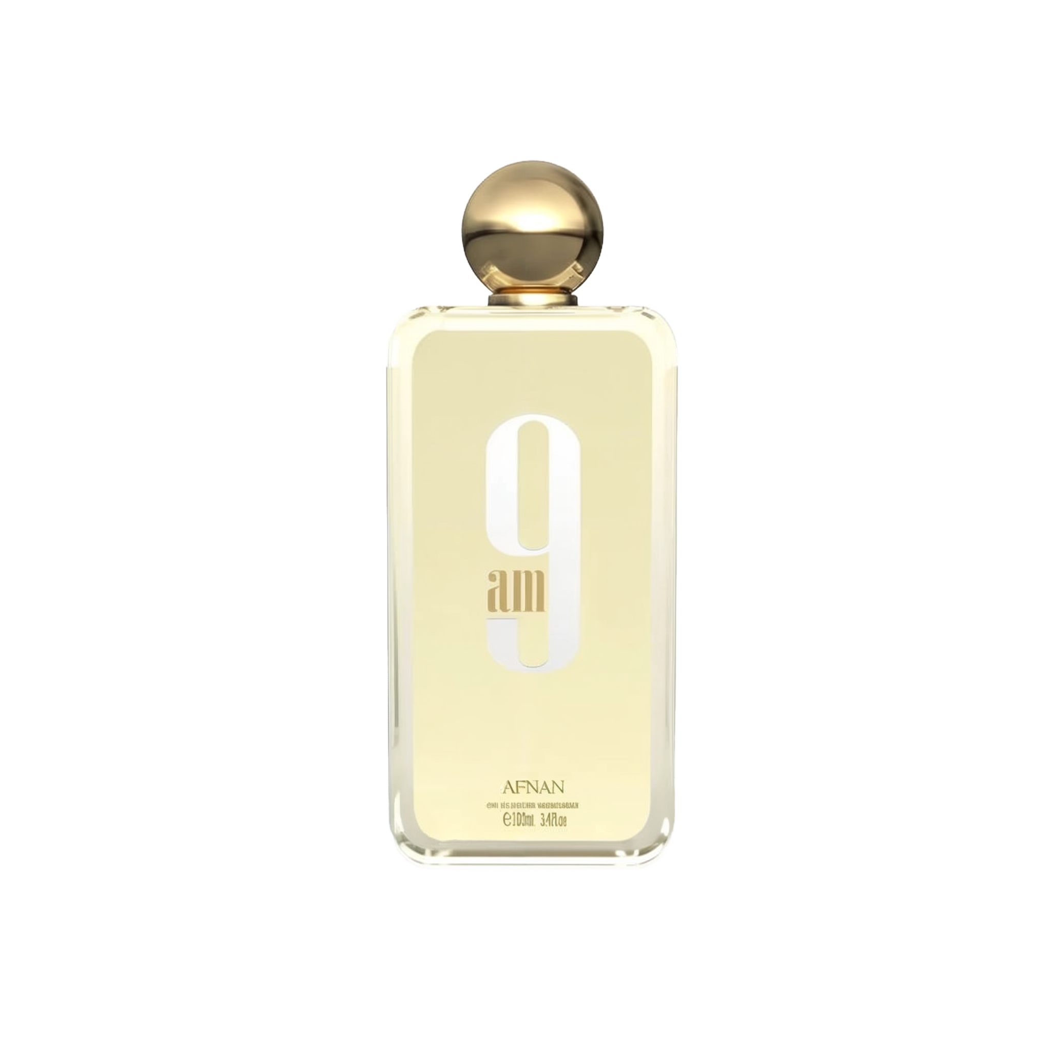 The image depicts a minimalist-designed perfume bottle with a golden cap. The bottle is transparent, revealing a pale yellow liquid inside, suggesting the perfume color. On the bottle's front, in large, white, modern font is "9 am," with the lowercase "am" nestled within the number 9. Below this, in smaller uppercase letters, reads "AFNAN." The bottle is centered against a white background, which emphasizes the simplicity and elegance of the design.