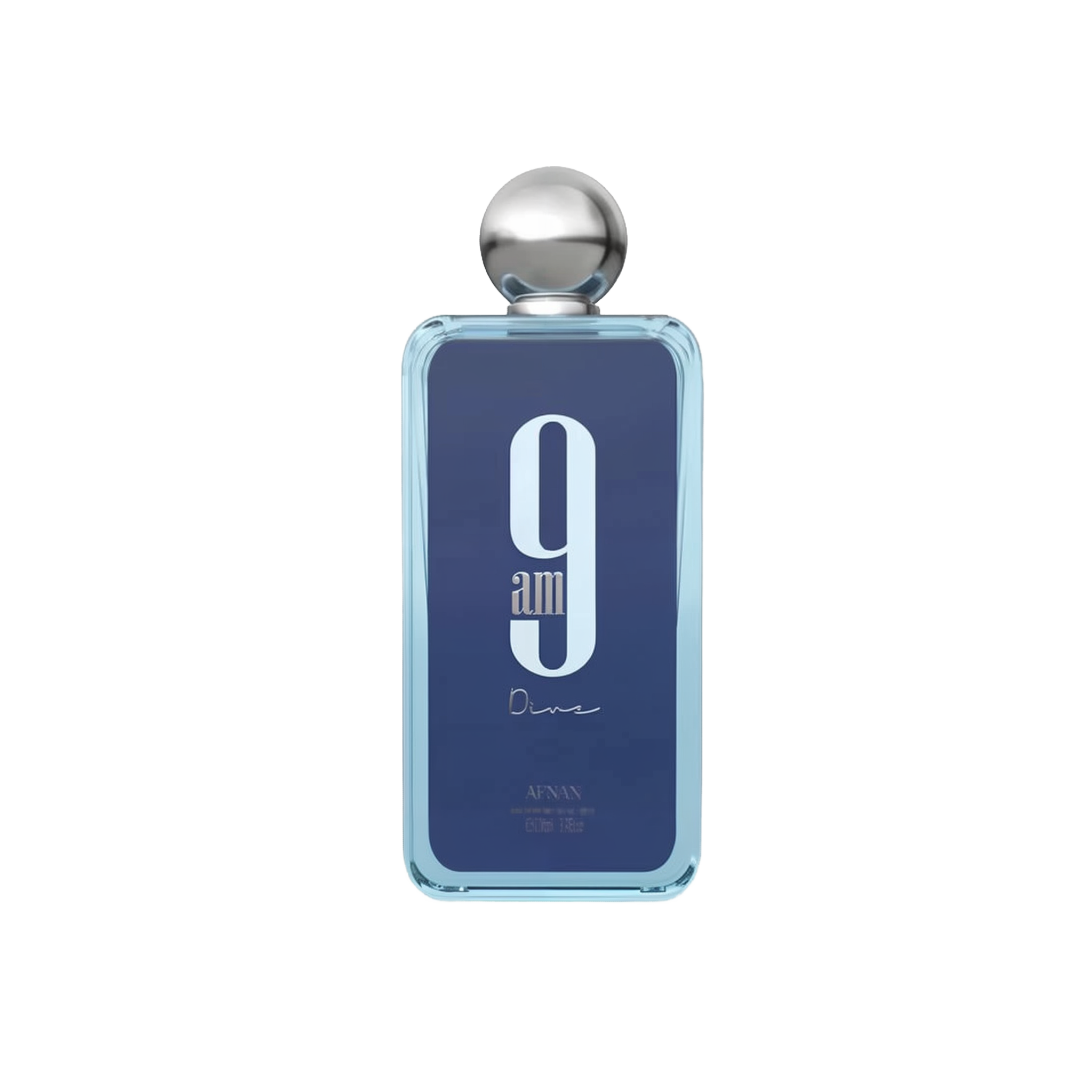 The image shows a rectangular glass perfume bottle with rounded edges. The bottle has a transparent blue tint with a large white number "9" and the text "am" below it in a lighter shade of blue. Beneath this, the word "Dine" is written in a cursive, handwritten style. The cap of the bottle is a polished silver sphere. The brand "AFNAN" is written in small letters at the bottom of the bottle.