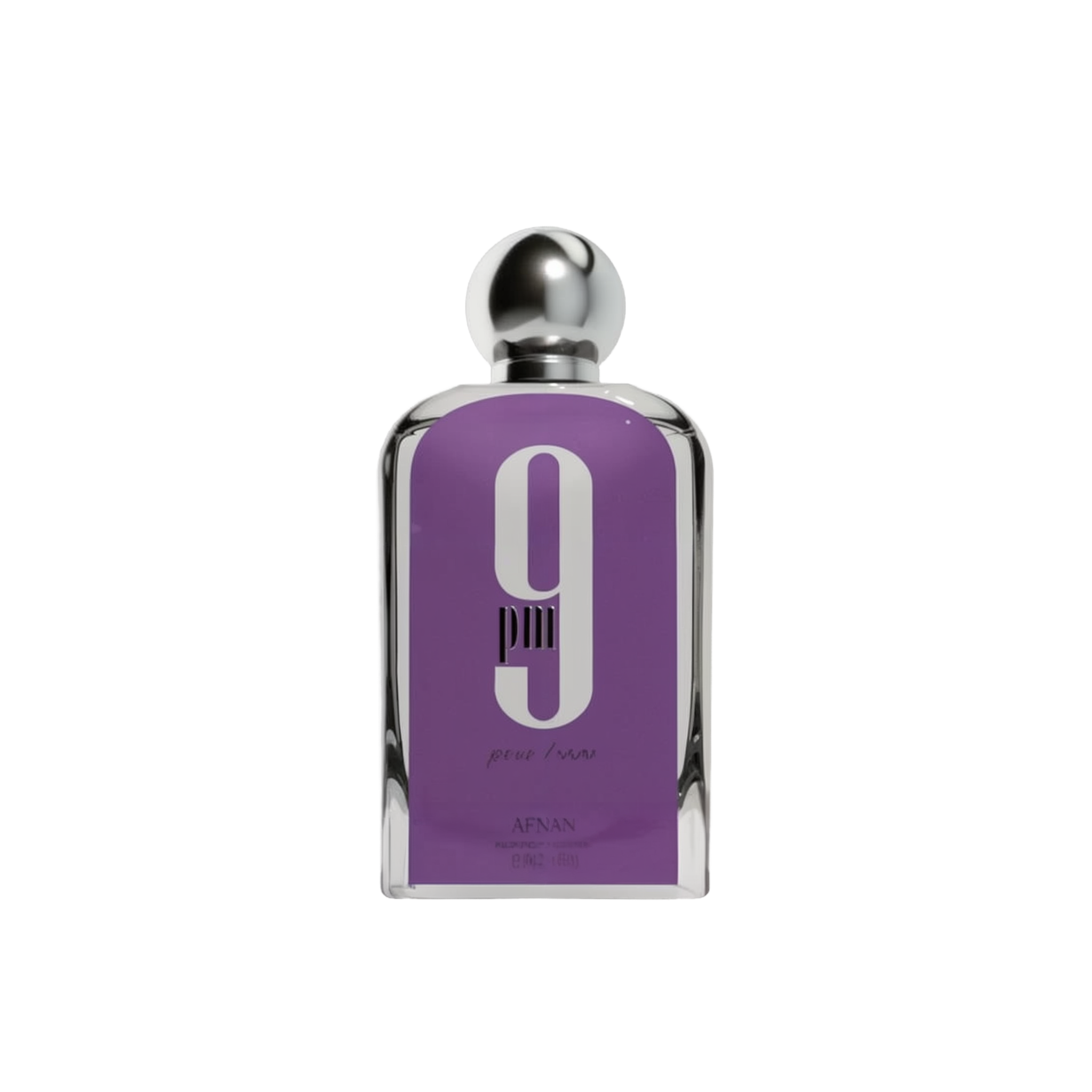 The image is of a rectangular perfume bottle with a silver spherical cap. The bottle has a deep purple label with a large white number "9" printed in the center. Below the number, the text "pour homme" in lowercase white font indicates that the fragrance is for men. The brand "AFNAN" is also printed at the bottom of the label in a smaller white font. The bottle appears to be made of clear glass with a reflective silver neck, highlighting the simplicity and elegance of the design.