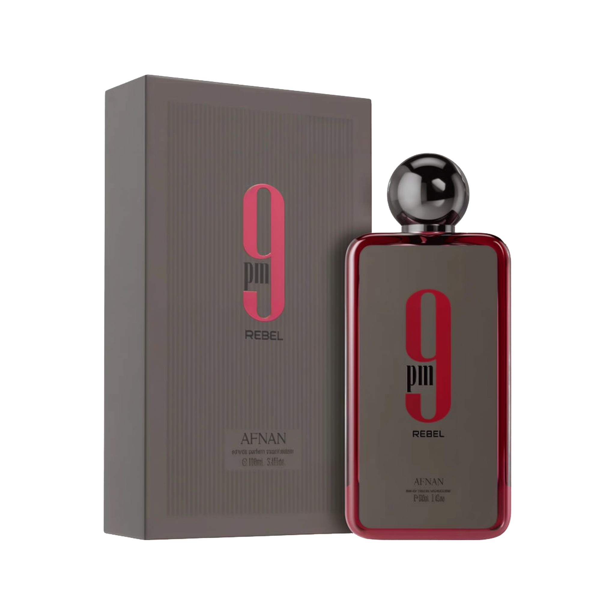 A rectangular fragrance bottle from Afnan labeled “9 pm Rebel,” featuring a metallic spherical cap and a glossy red border around a dark gray front, positioned beside a matching gray box emblazoned with pink and black branding.