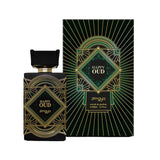 The image displays a perfume packaging design, featuring both the perfume bottle and the box. The bottle is square with a textured black cap and a gold neck, giving a look of sophistication. The front of the bottle has a geometric, Art Deco-style label in black with gold and teal accents, and the words "HAPPY OUD" and "zimaya" in stylized, elegant fonts. The name "HAPPY OUD" is central on the box, with "zimaya" and "extrait de parfum" along with the volume information "e 100ml 3.4 fl.oz" listed below.