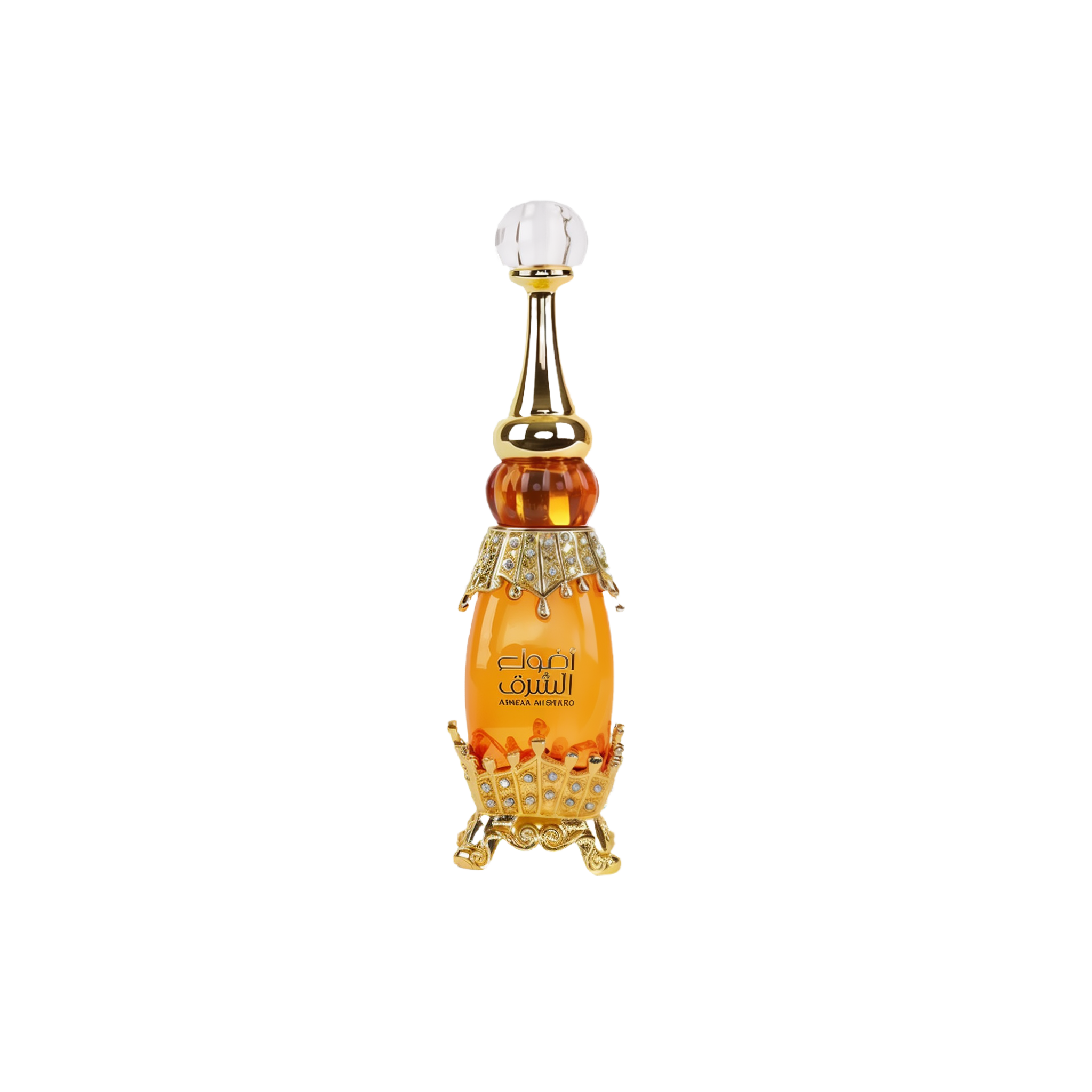 Elegant bottle of Adwaa Al Sharq with jewel-studded gold base and crystal-clear pointed stopper.