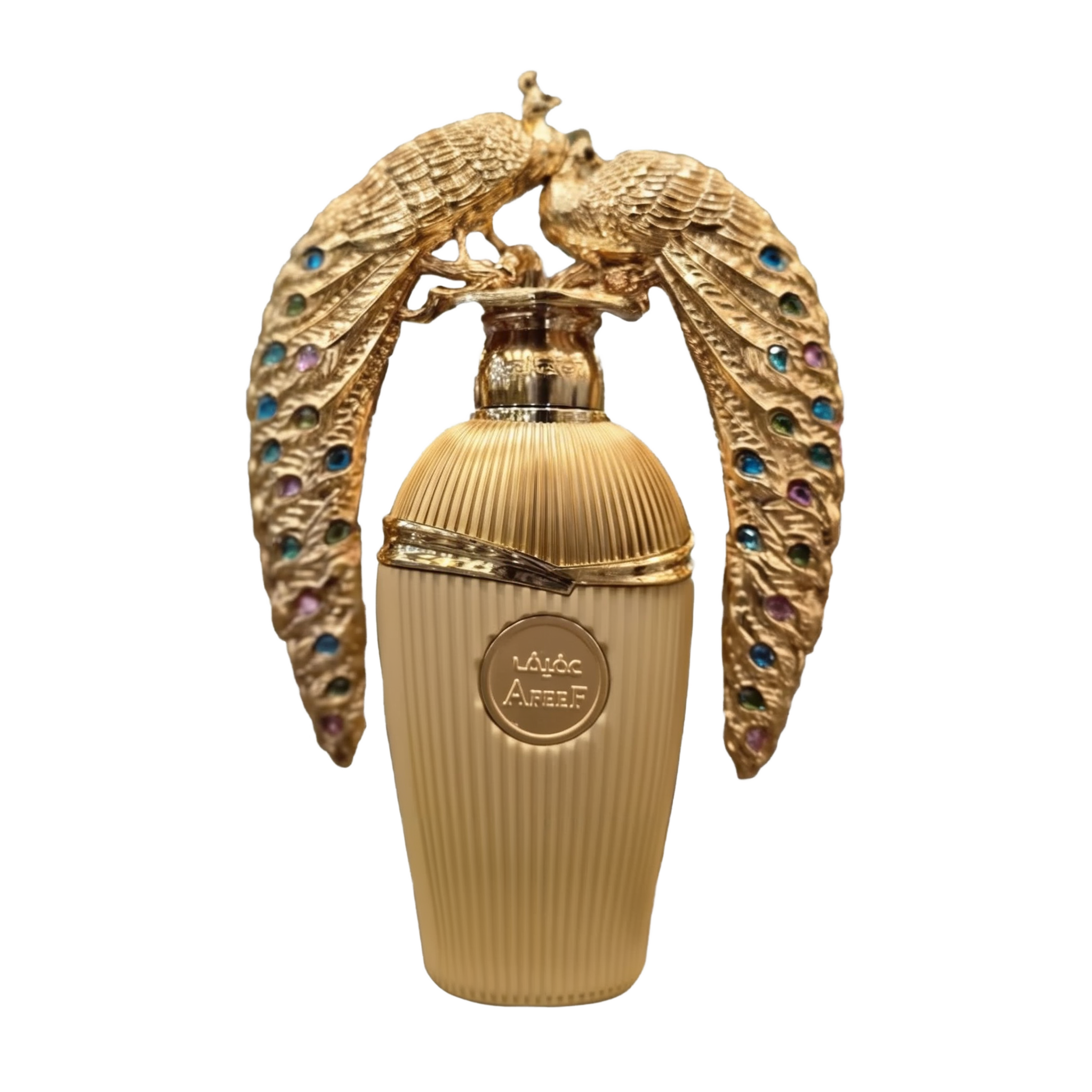 Image of the Afeef perfume by Lattafa Perfumes. The perfume bottle has a luxurious gold design with intricate ribbed detailing and an emblem on the front. The cap features two ornate gold peacocks with jeweled feathers in vibrant colors, adding a decorative and elegant touch to the presentation.