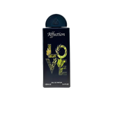 The image shows a perfume bottle named "Affection" by Lattafa. The bottle has a sleek, black design with the word "LOVE" vertically displayed in bold, leafy green letters that create a striking visual against the dark background. "Affection" is written at