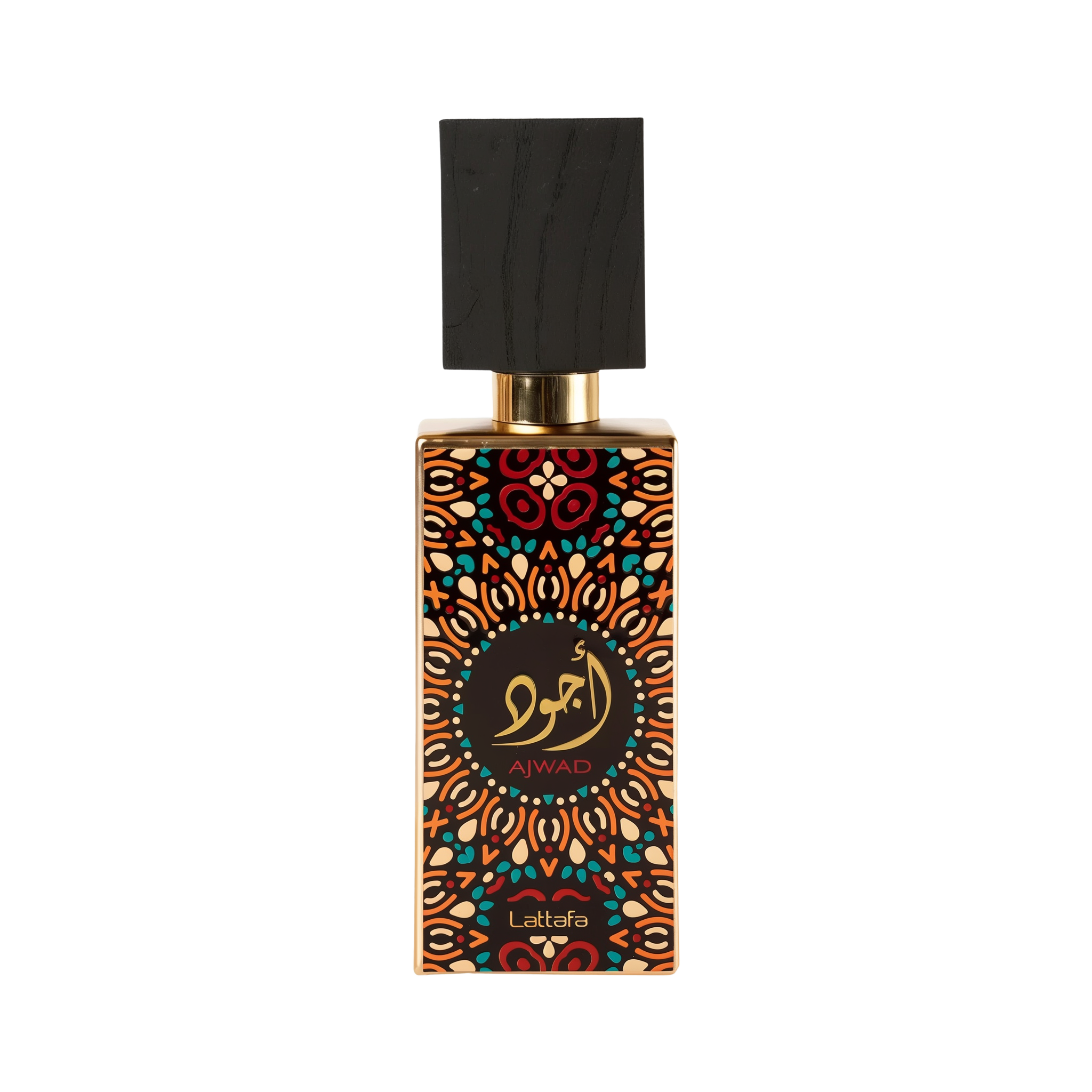 Image of a perfume bottle with a distinctive design. The bottle features a geometric and floral pattern in orange, black, and teal, with a circular black label in the center that has gold Arabic calligraphy and the word 'AJWAD' beneath it. The brand 'Lattafa' is written at the bottom. The cap is black with a textured appearance, resembling wood, and a gold neck. The background is pure white.