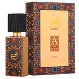 Image of a rectangular perfume bottle and its matching box. The bottle has a black textured cap and a golden neck, with an ornate, mandala-like pattern in teal, black, and red hues, and a central black label with gold Arabic calligraphy spelling 'AJWAD'. 'Lattafa' is written in gold at the bottom. The box echoes the bottle's design with a golden front panel featuring the brand 'Lattafa' and 'Eau de Parfum 60ml e 2.04 FL.OZ' along with an intricate gold emblem.