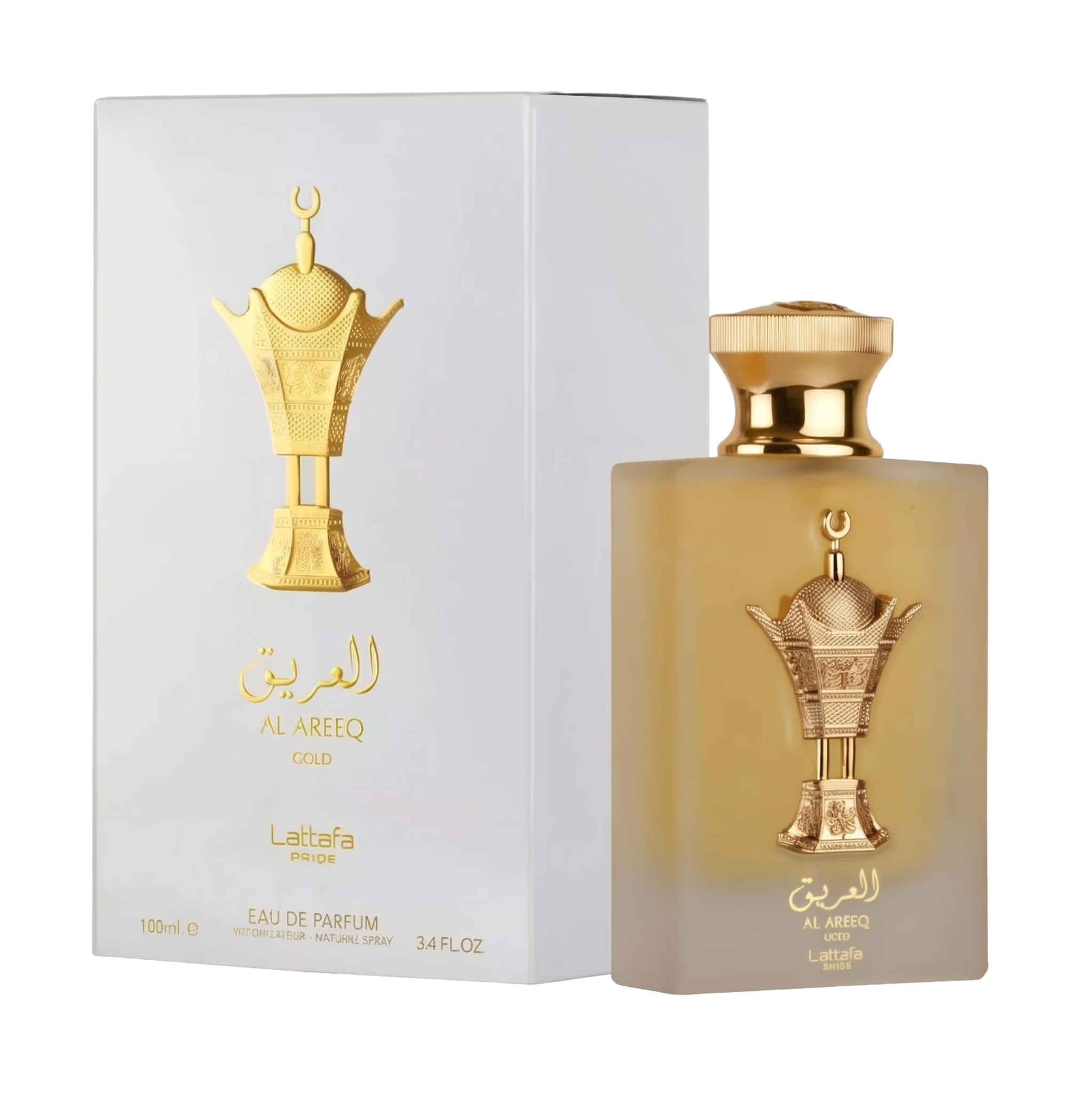 The image shows a perfume bottle and packaging from Lattafa named "Al Areeq Gold." The bottle has a rectangular, gold design with a golden cap and features an ornate gold emblem.