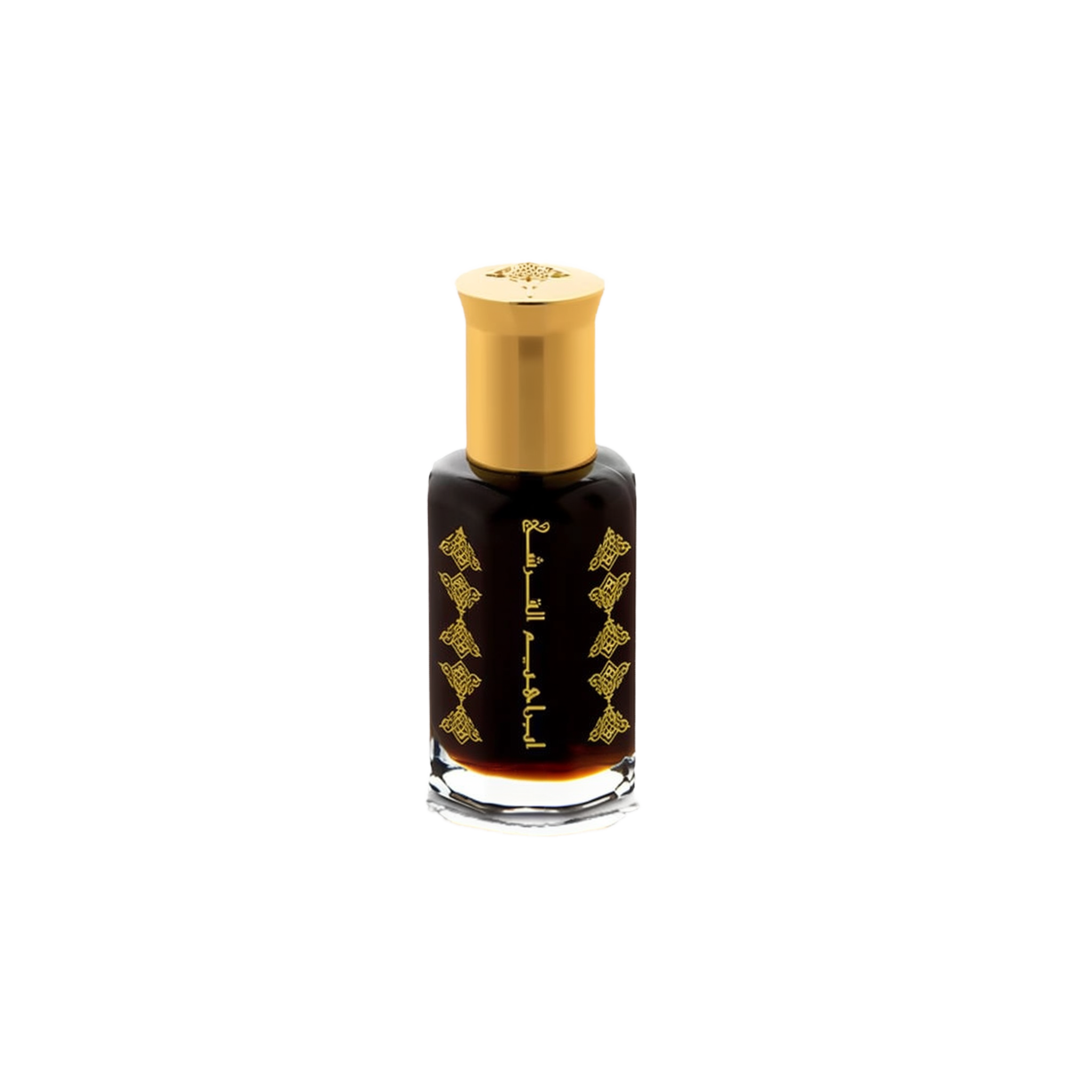A cylindrical dark glass perfume bottle adorned with vertical gold Arabic calligraphy motifs and topped with a shiny gold cap, set against a white background.