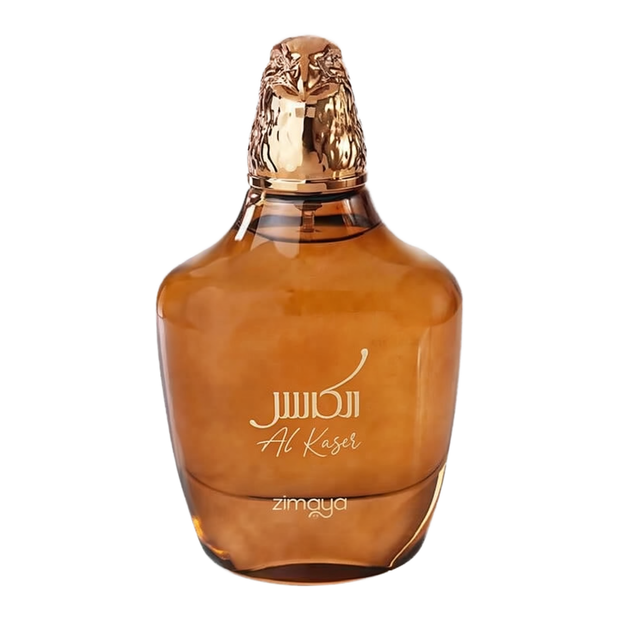 The image displays a perfume bottle of "Al Kaser" by Zimaya. The bottle has a broad, rounded base and tapers slightly toward the top. It is made of a translucent brown glass that gives it a warm, amber appearance. The cap is a detailed golden sculpture of a falcon's head, symbolizing luxury and possibly the fragrance's inspiration. The name "Al Kaser" is elegantly inscribed on the bottle in white cursive script.