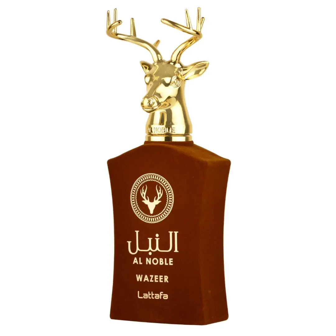  The image shows a dark amber-colored bottle of perfume with a gold cap designed to resemble a deer's head with antlers. The bottle features gold lettering with the words "AL NOBLE," "WAZEER," and "Lattafa," along with a stag emblem encircled in gold. The design exudes an elegant and regal aesthetic.