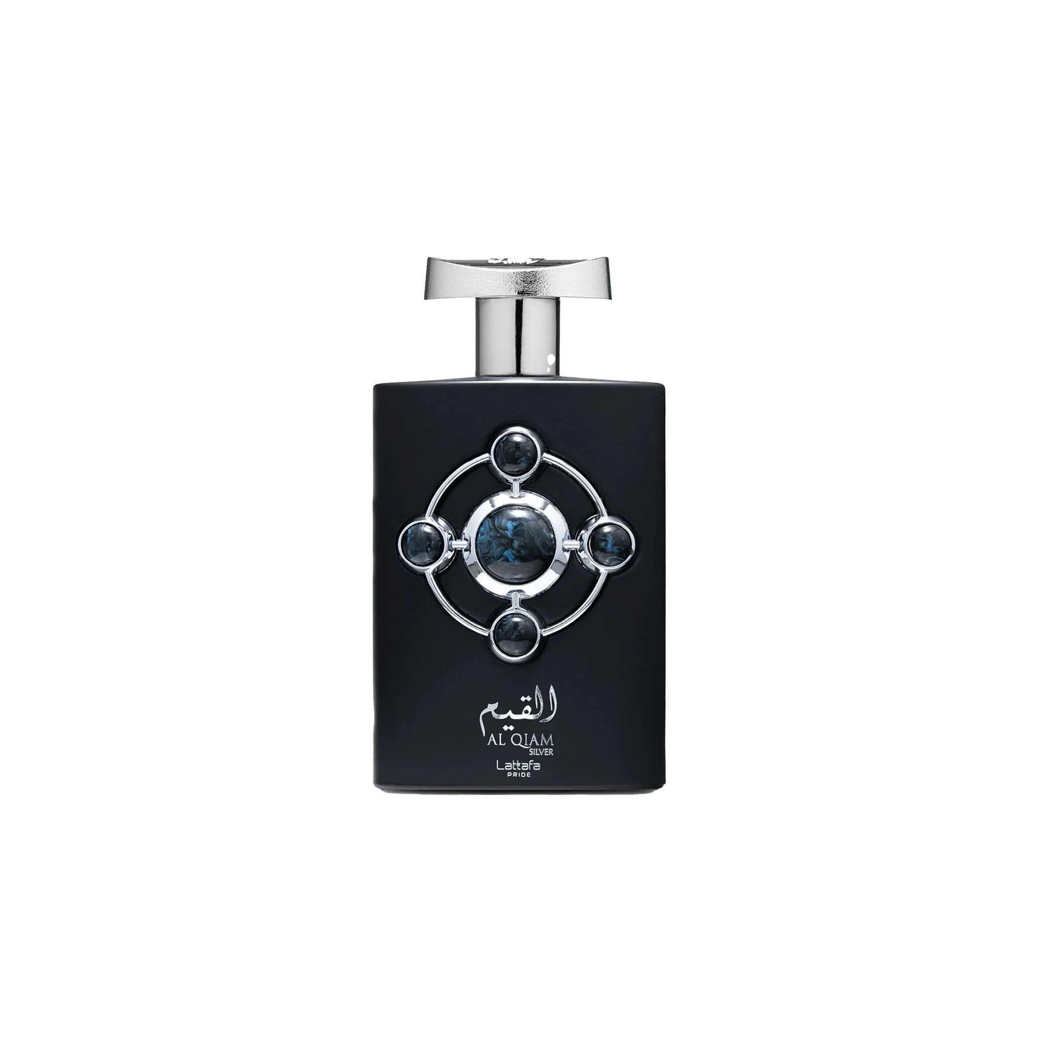 Lattafa Al Qiam Silver perfume bottle in black with silver cap and circular gemstone design.