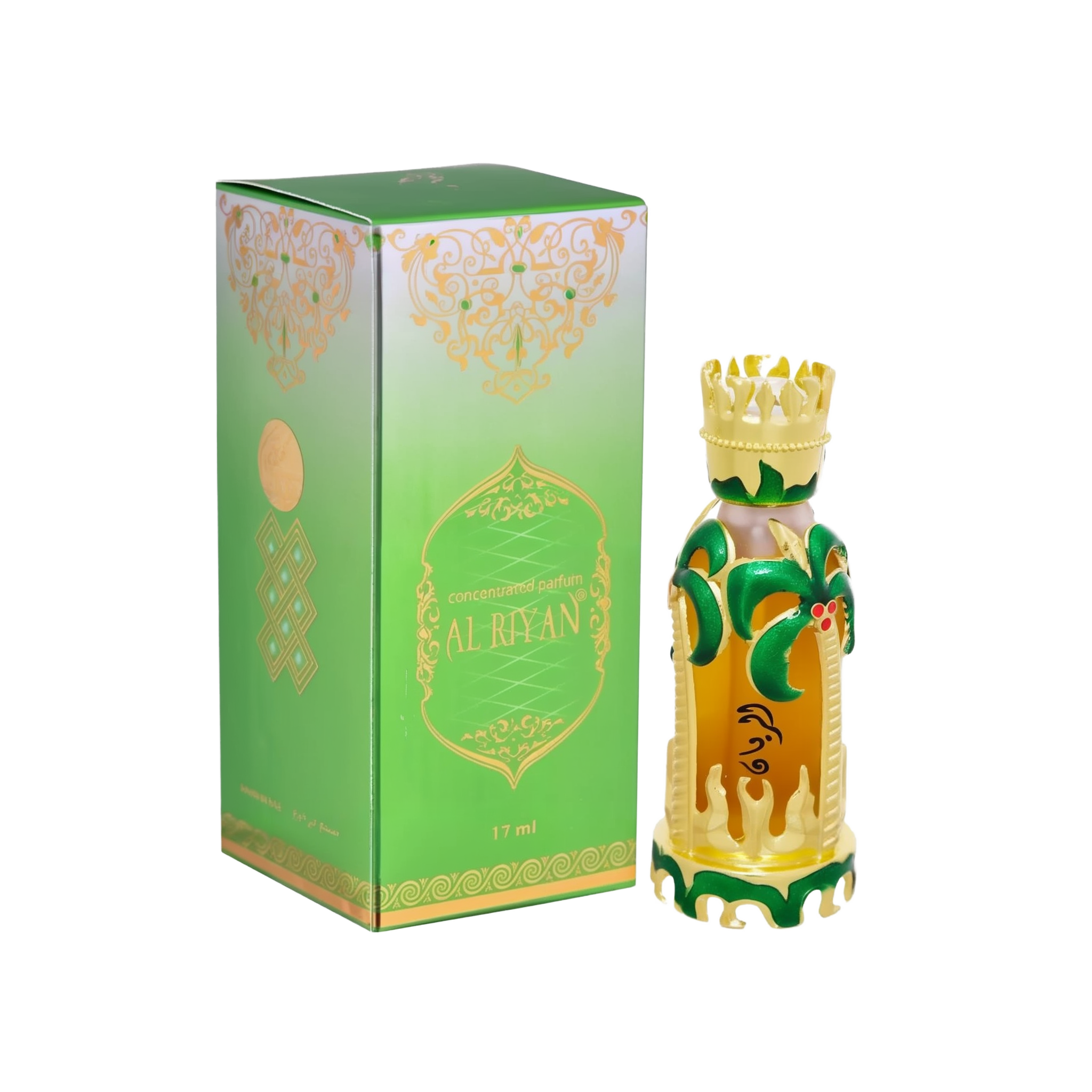 The image shows a boxed perfume product. The box is predominantly green with golden decorative patterns and Arabic text. The front of the box reads "Concentrated Parfum Al Riyan" and mentions the volume of 17 ml. The bottle itself is ornate, featuring a golden crown-like cap and intricate green and gold palm tree decorations. The perfume inside the bottle appears to be amber-colored.
