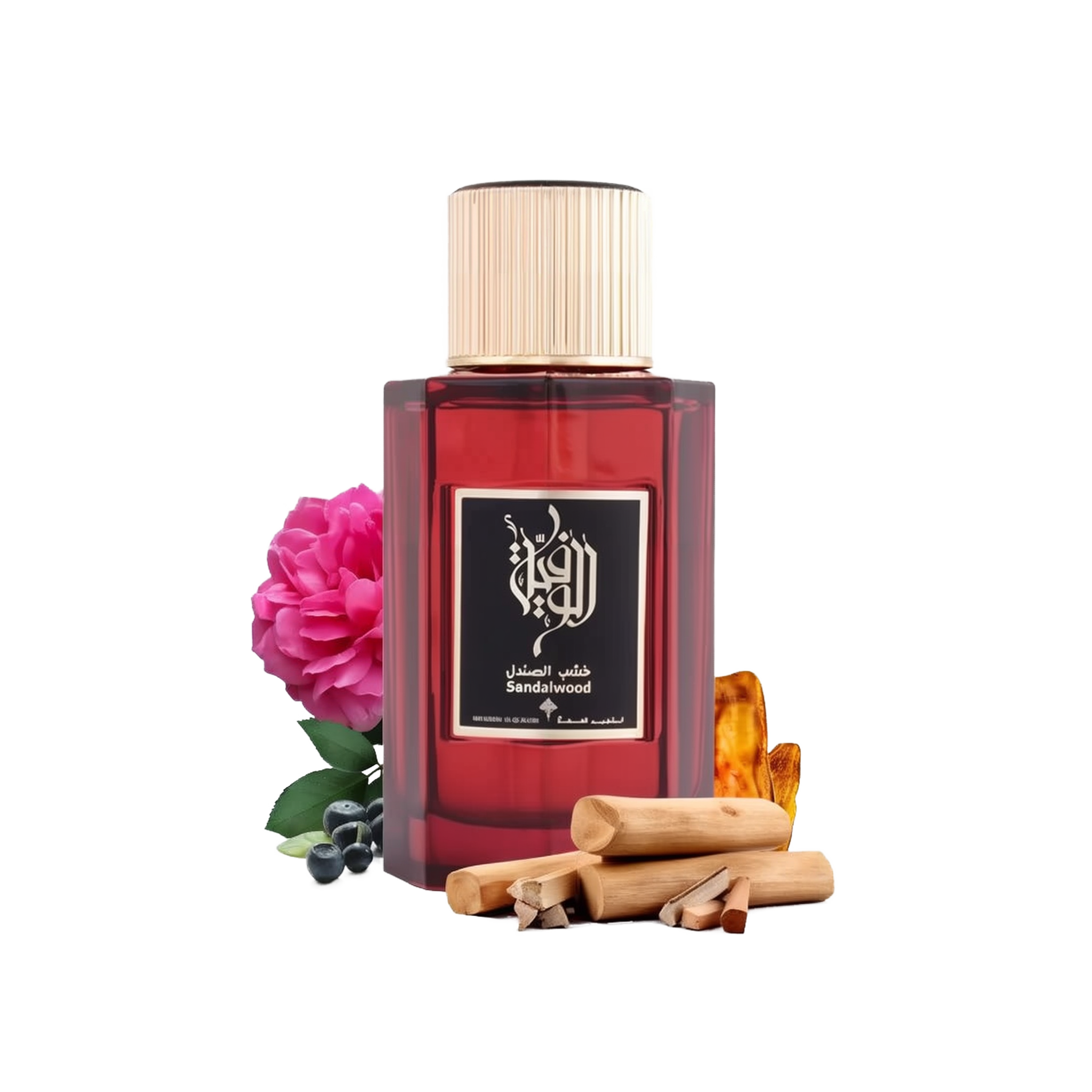The image depicts a dark red glass perfume bottle with a gold cap, labeled with Arabic calligraphy and English text "Sandalwood" indicating the fragrance. It's from the brand Ibraheem Al Qurashi. The bottle is surrounded by a dark pink rose, some blueberries to the left, and sandalwood sticks in the foreground, suggesting the notes of the fragrance.