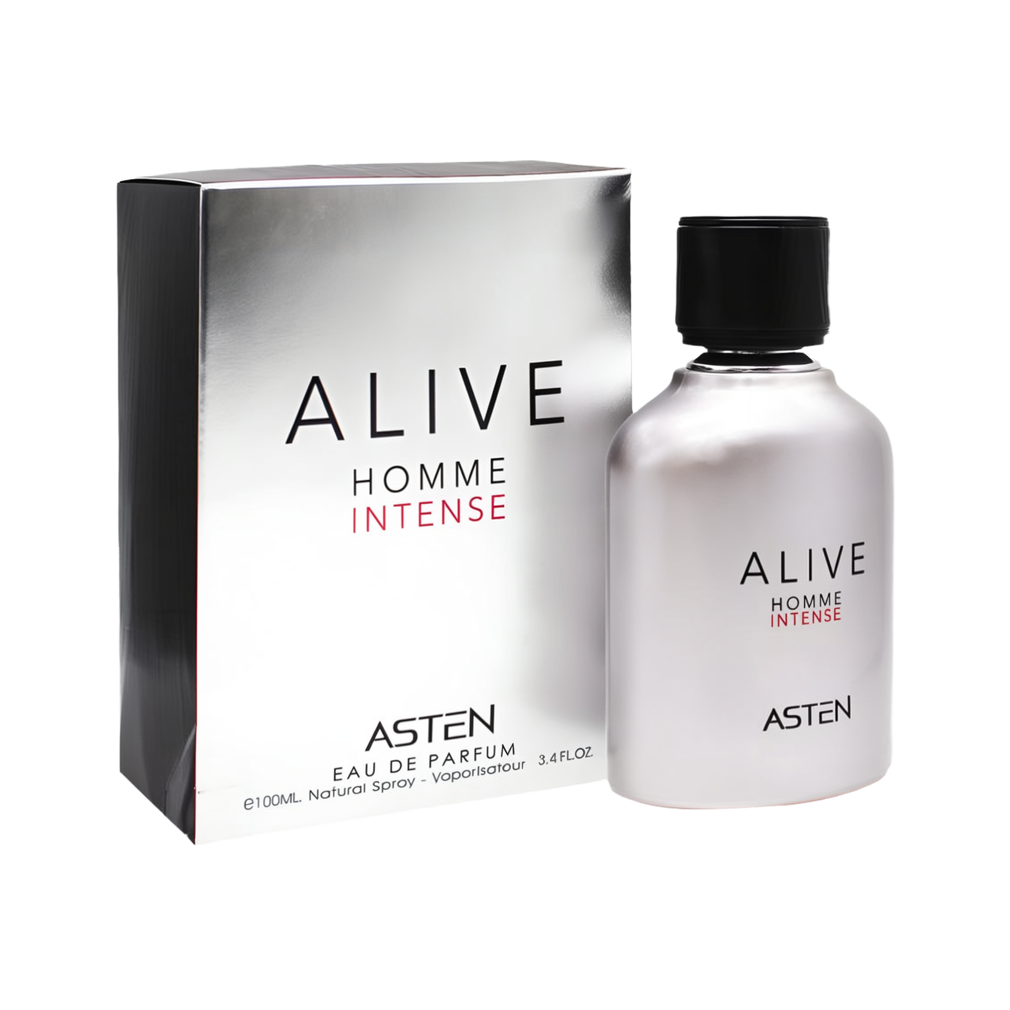A sleek, metallic silver bottle of Alive Homme Intense Eau de Parfum by Asten with a black cap, shown next to its matching reflective silver box displaying the product name in black and red lettering.