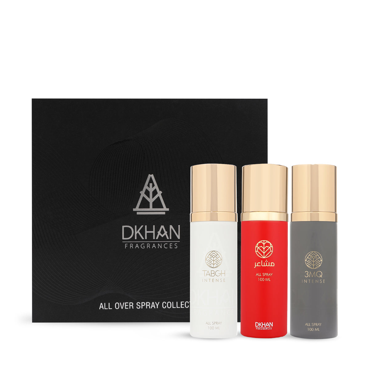 This image showcases the All Over Spray Collection from DKHAN Fragrances, featuring three 100ml spray bottles in white, red, and grey, respectively, each capped with a luxurious gold finish. The bottles are labeled 'TABGH INTENSE,' 'club INTENSE,' and '3MQ INTENSE' in a sleek typeface corresponding with their colors. They are displayed in front of a sophisticated black box that bears the DKHAN Fragrances logo—a triangle with a heart inside—and the collection's name in elegant lettering.