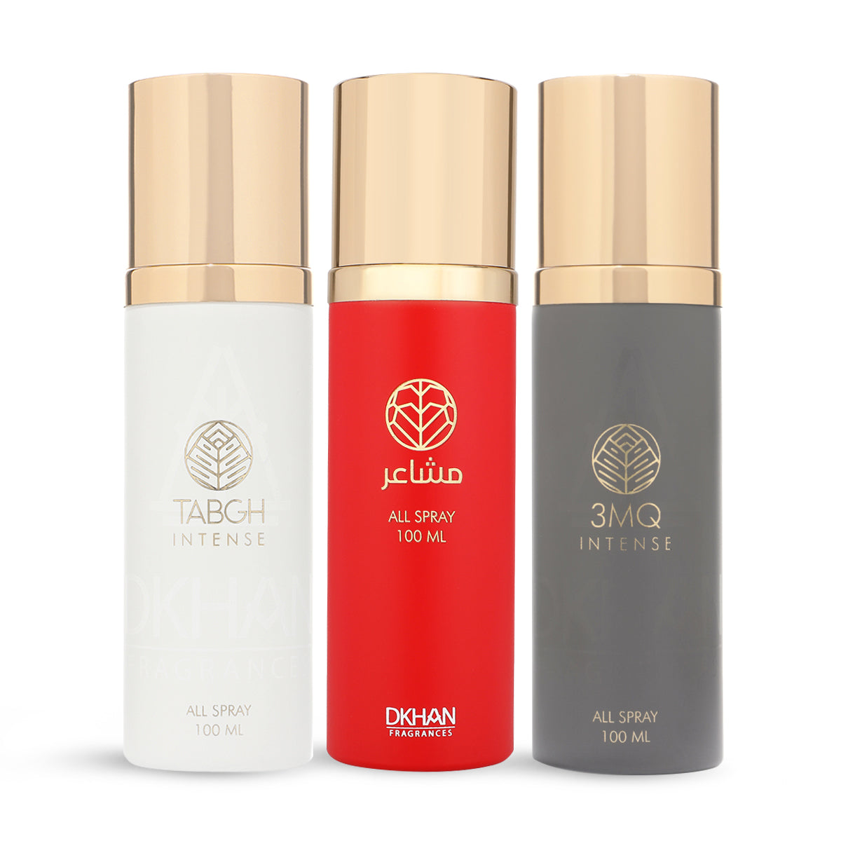 This image displays a trio of All Over Spray bottles from DKHAN Fragrances, each containing 100 ml of product. From left to right: the first bottle is white with a gold cap and the 'TABGH INTENSE' label in a clear font; the middle bottle is vibrant red with a gold cap and labeled 'club INTENSE' in white lettering; the third bottle is a dark grey with a gold cap and the '3MQ INTENSE' label. Each bottle features the DKHAN Fragrances logo—a stylized heart within a diamond shape—above the label.