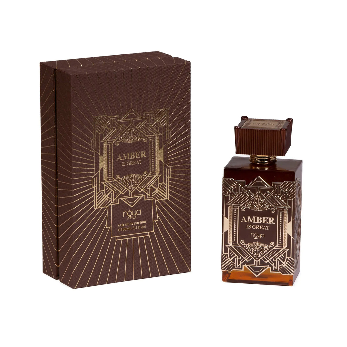 A perfume product set titled "AMBER IS GREAT," featuring a square glass bottle with brown tones and intricate geometric patterns. The cap matches the bottle's design. Accompanying the bottle is a similarly patterned brown box with gold line art and lettering, stating "AMBER IS GREAT" at the center, and the brand "náyá" at the bottom. The background is white.