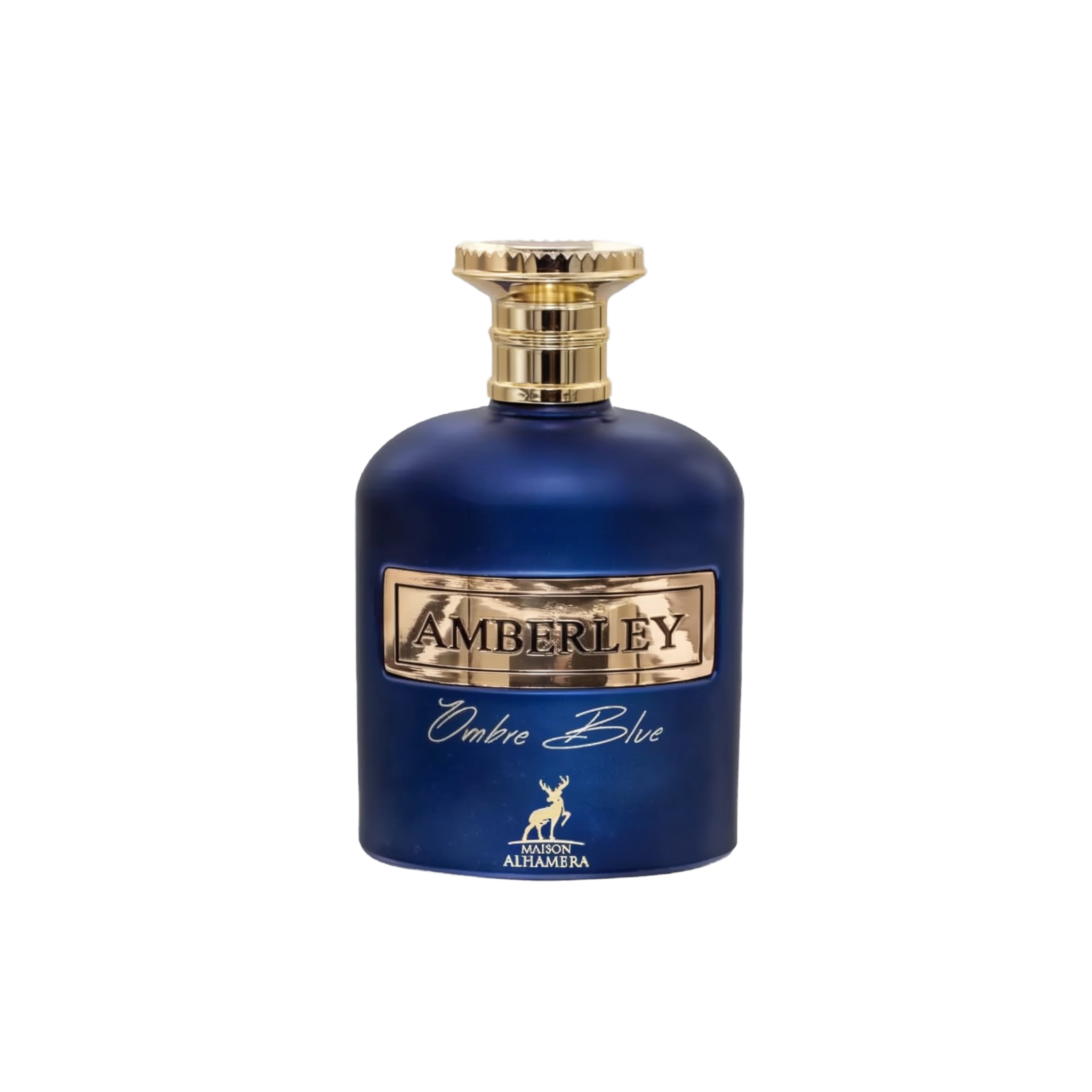 The bottle is a deep cobalt blue with a smooth, rounded shape. It has a metallic gold label with the name "AMBERLEY" embossed in the center. Below the main label, in elegant script, is the name "Ombre Blue." A small, gold stag emblem is placed at the bottom center of the bottle, indicating the logo for "MAISON ALHAMBRA." The cap of the bottle is gold with a textured design, resembling a crown or cog.