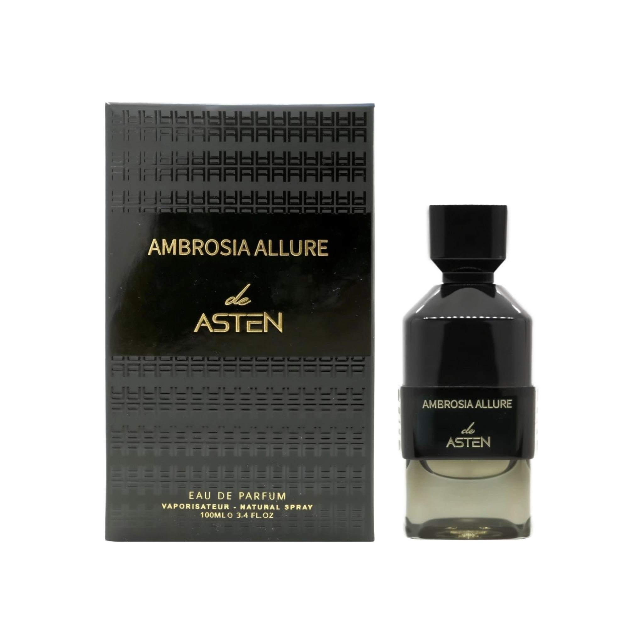 A sleek black perfume box embossed with a subtle pattern and adorned with gold lettering, shown next to a matching black glass bottle featuring the label “Ambrosia Allure De Asten” in gold. The bottle has a geometric, faceted cap and contains a warm, amber-toned fragrance inside.