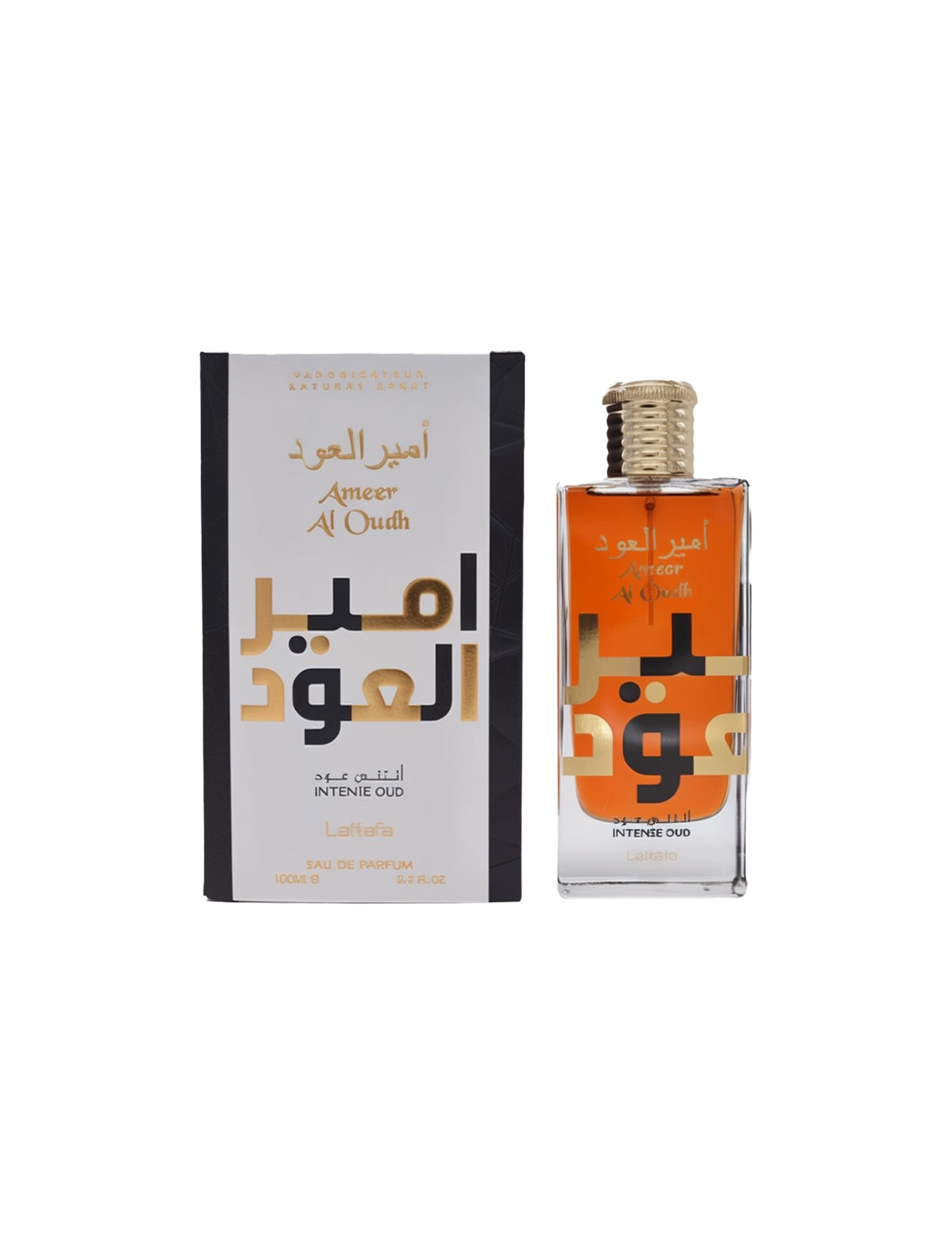 Image of Ameer Al Oudh Intense Oud by Lattafa, a unisex oriental Eau De Parfum. The perfume bottle is rectangular with a gold cap and features Arabic script and the name 'Ameer Al Oudh' in English. The packaging box is white with black and gold accents, displaying the same text in Arabic and English