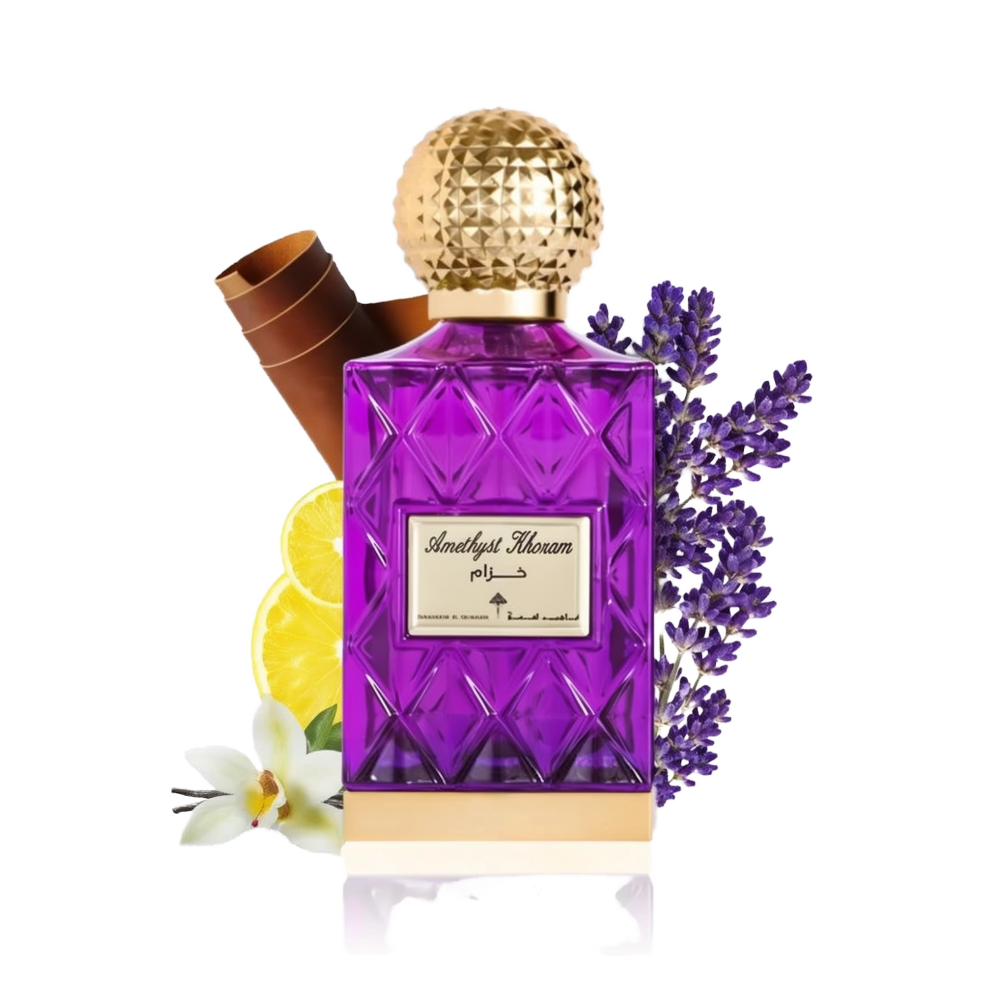 The image depicts a vibrant purple glass perfume bottle with a textured gold cap, labeled "Amethyst Khozam" in both Arabic and English script, suggesting the fragrance's name by the brand Ibraheem Al Qurashi. The bottle has a faceted design, reminiscent of cut amethyst gemstones. Accompanying the bottle are elements that hint at the scent's composition: a bundle of cinnamon sticks to the left, a slice of lemon in front, a white orchid flower at the bottom, and sprigs of lavender to the right.