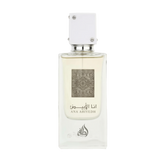 A clear rectangular bottle of Ana Abiyedh Eau de Parfum by Ard Al Zaafaran Lattafa Perfumes. The bottle features a minimalist design with a white cap adorned with small silver accents. The front of the bottle displays intricate silver patterns along with the fragrance name "Ana Abiyedh" in both Arabic and English.