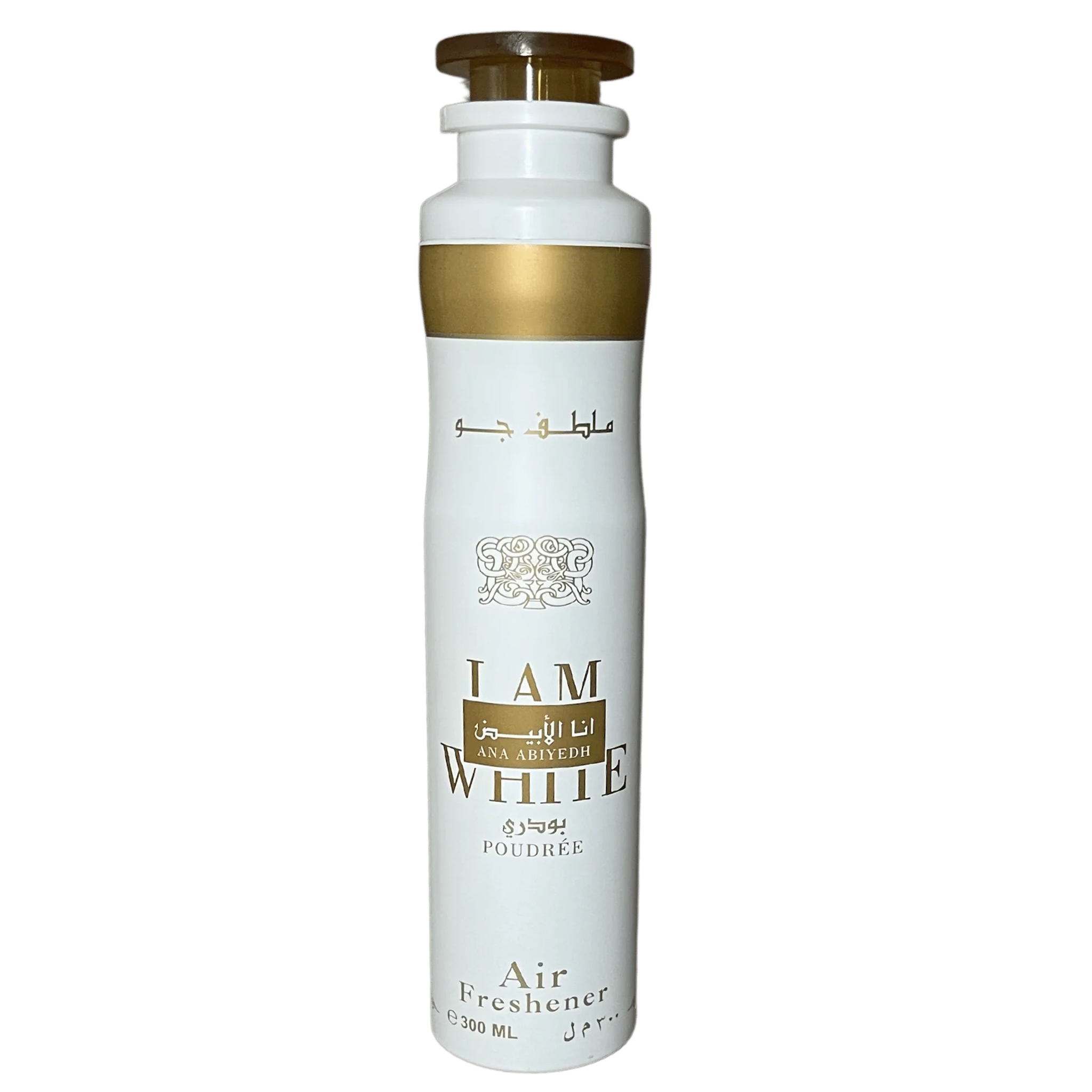 White Ana Abiyedh I Am White Poudrée air freshener can with gold accents.
