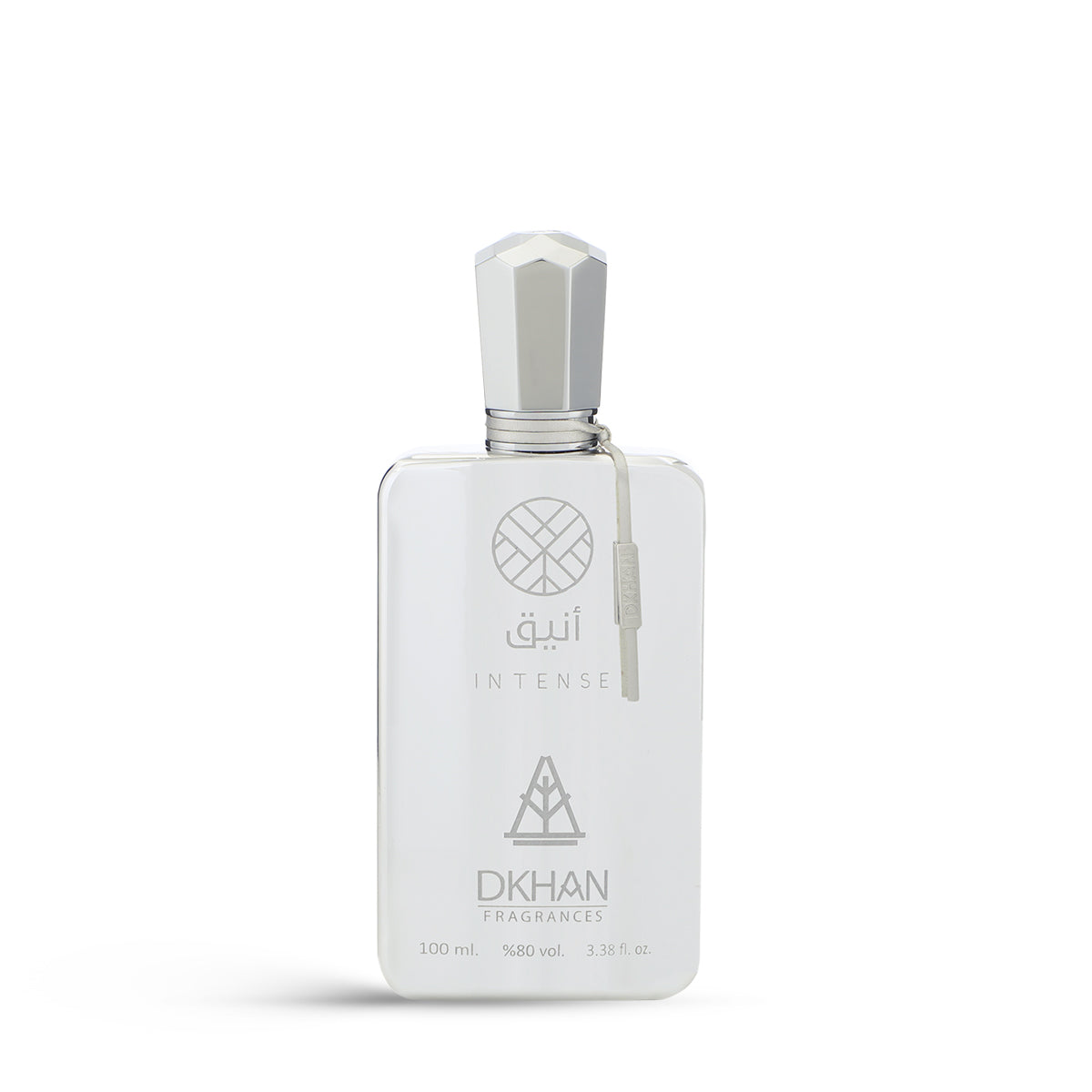 This image shows a sleek white perfume bottle named Aneeq Intense by DKHAN Fragrances. The bottle, which contains 100 ml or 3.38 fl. oz. of perfume at 80% volume, has a modern and elegant design with clean lines. It features a geometric, faceted cap and a simple label with the fragrance's name and the brand's logo, which includes a heart inside a diamond shape. A small, beige tag is attached to the neck of the bottle, adding a subtle touch of luxury.