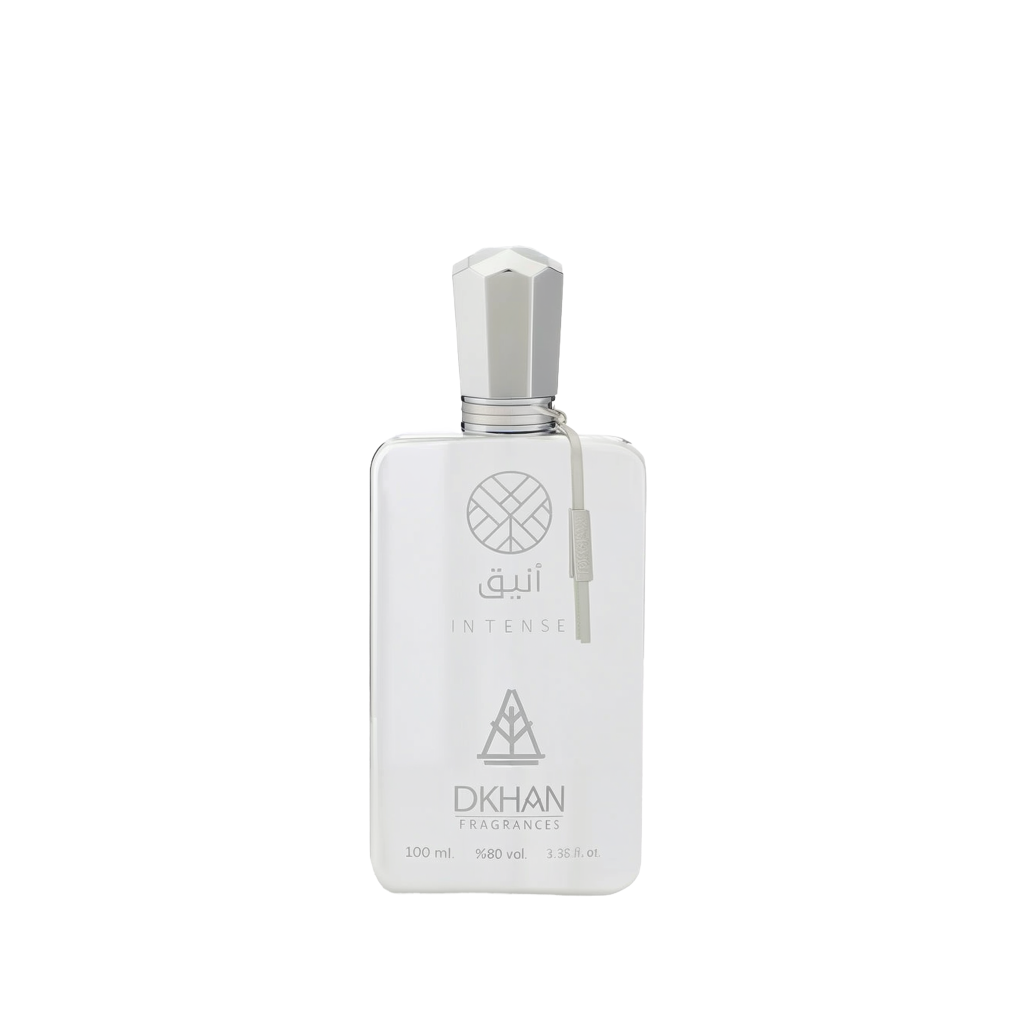 This image shows a sleek white perfume bottle named Aneeq Intense by DKHAN Fragrances. The bottle, which contains 100 ml or 3.38 fl. oz. of perfume at 80% volume, has a modern and elegant design with clean lines. It features a geometric, faceted cap and a simple label with the fragrance's name and the brand's logo, which includes a heart inside a diamond shape. A small, beige tag is attached to the neck of the bottle, adding a subtle touch of luxury.