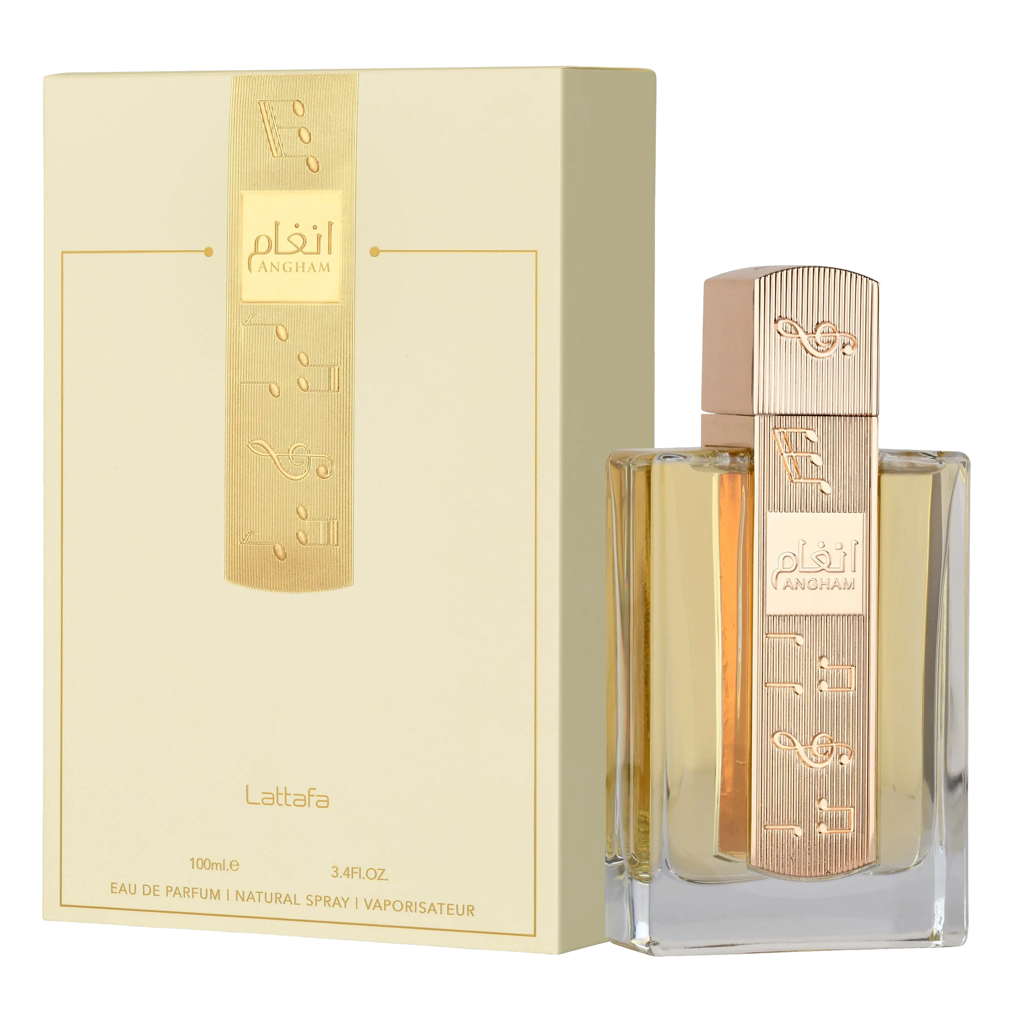 Lattafa Angham, comes in a clear rectangular glass bottle with a gold cap engraved with musical notes and Arabic calligraphy.