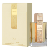 Lattafa Angham, comes in a clear rectangular glass bottle with a gold cap engraved with musical notes and Arabic calligraphy.