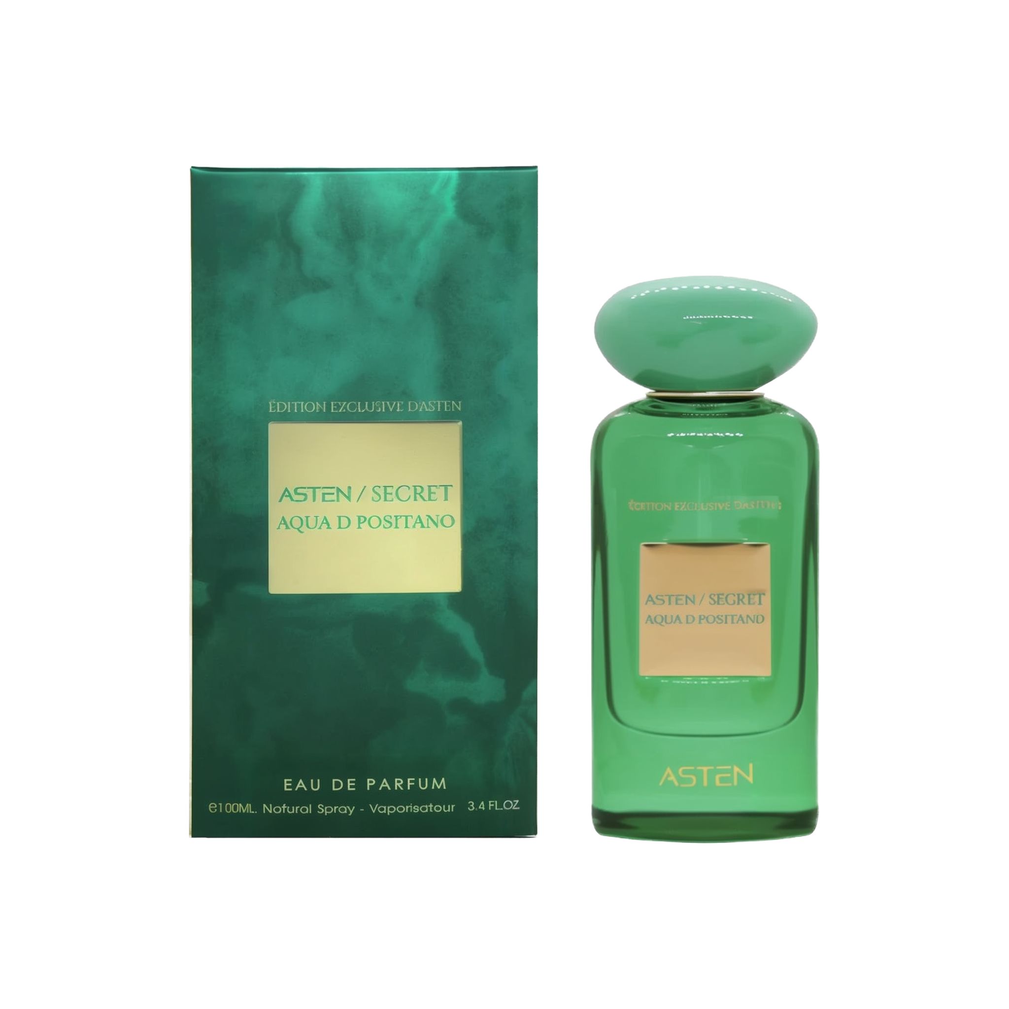 A green, rectangular perfume bottle with a rounded cap, displayed alongside its matching green and gold box. The packaging features the brand name “Asten/Secret” and the fragrance name “Aqua D Positano.” The bottle and box have a luxurious, glossy finish.