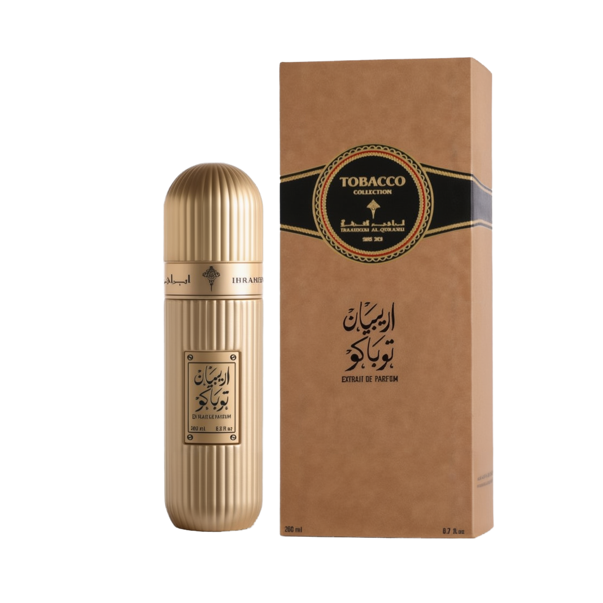 A luxurious bottle of Arabian Tobacco Extrait De Parfum by Ibraheem Al-Qurashi, displayed beside its matching box. The tall, cylindrical bottle features a metallic gold finish with vertical ribbing, a rounded dome cap, and a black-embossed label in Arabic and English. The kraft brown box showcases a bold black and gold emblem with the words 'TOBACCO COLLECTION' and additional branding in both Arabic and English, with the volume marked as 200 ml (6.7 fl. oz.).