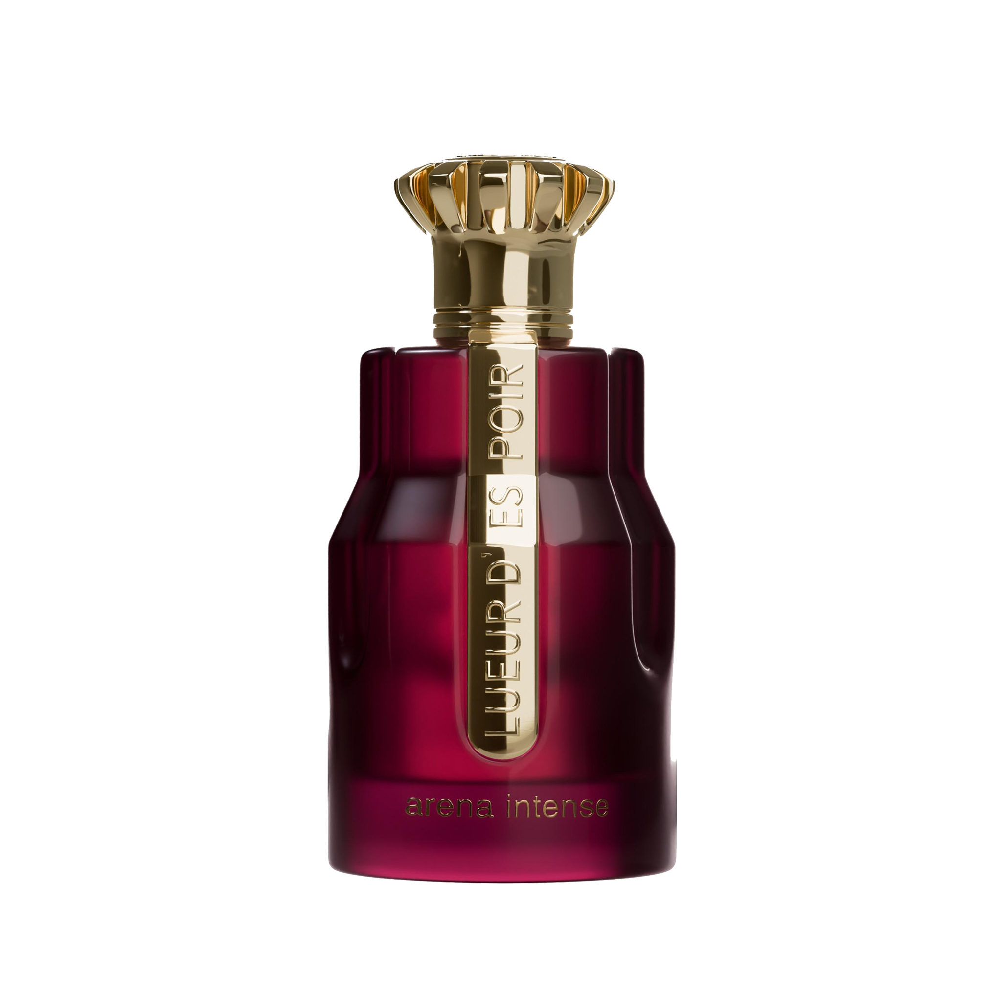 Deep burgundy perfume bottle with gold crown-shaped cap and Arena Intense branding on front.