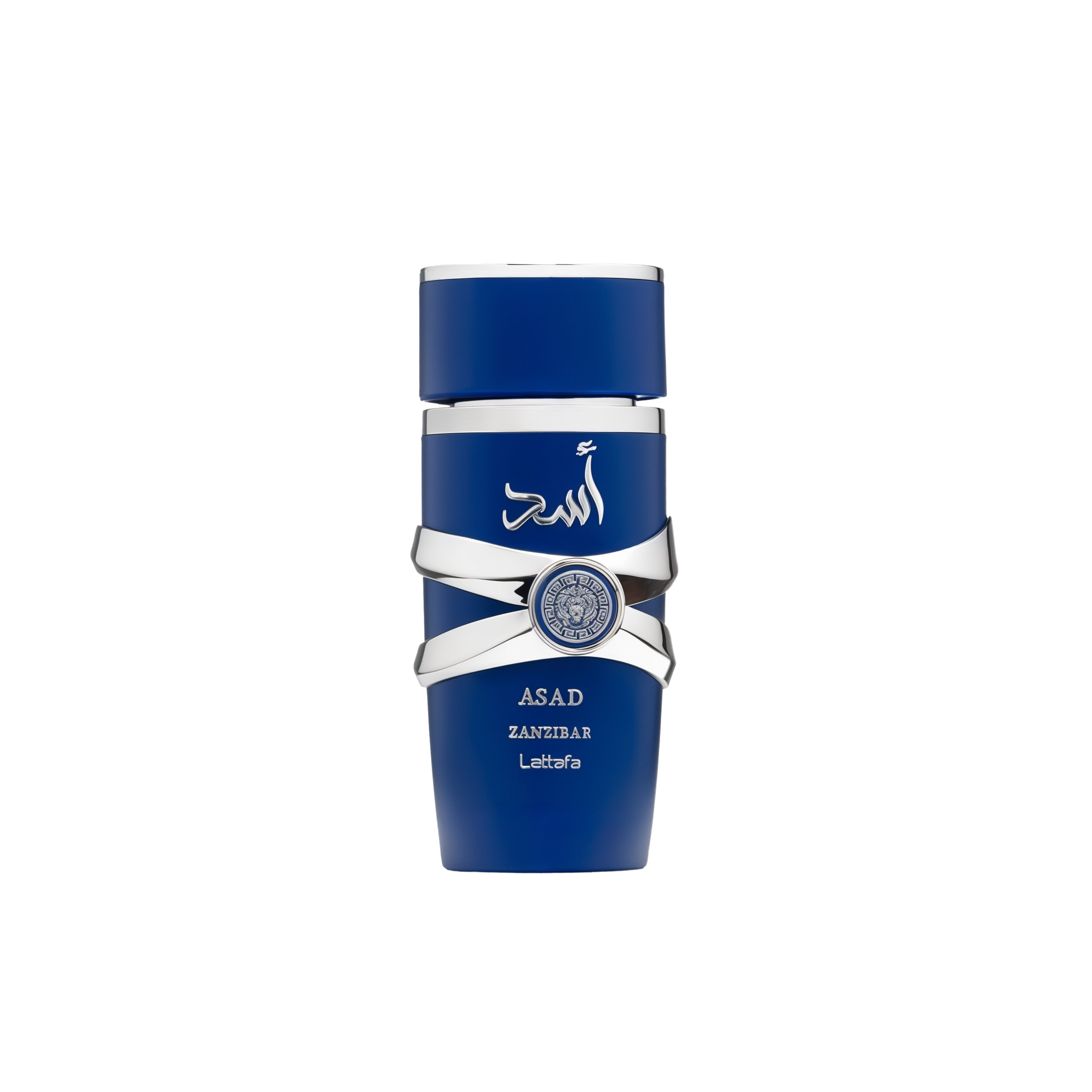 A tall, deep-blue cylindrical perfume bottle with silver decorative bands crossing around the middle, featuring Arabic text on the upper portion and labeled “Asad Zanzibar” by Lattafa.