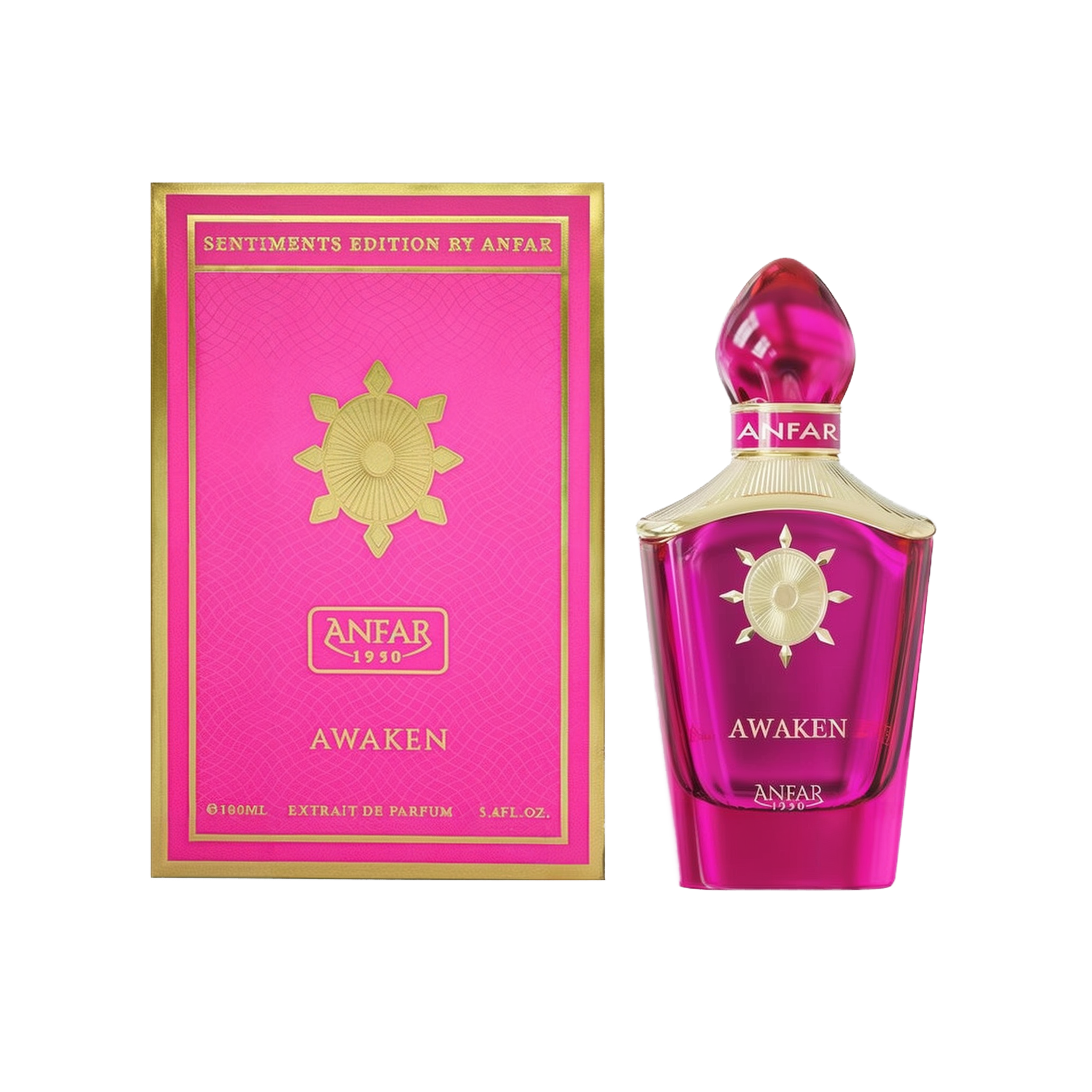 A pink, glass perfume bottle with a sculpted gold neck and a matching magenta-and-gold cap stands next to its coordinating pink box. The box features gold accents and the “ANFAR 1950” logo, as well as a sunburst-style emblem in the center and the word “AWAKEN” at the bottom.