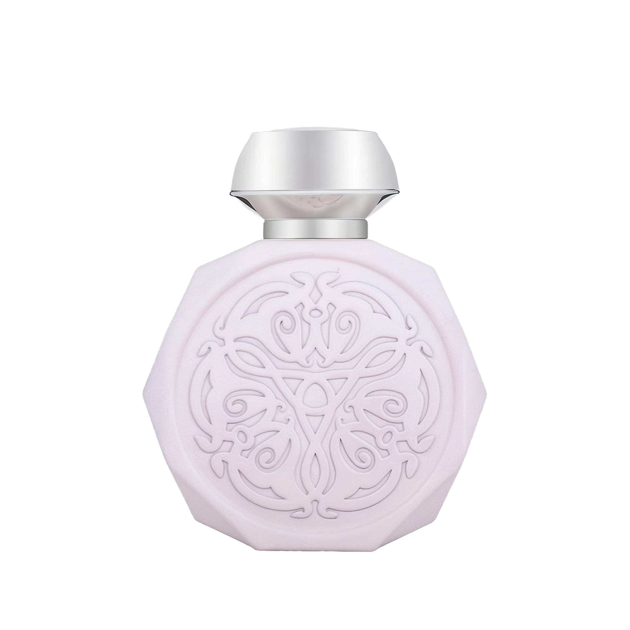 A pale pink, octagonal perfume bottle with intricate, embossed designs on the front. The bottle features a sleek, metallic silver cap that contrasts with the delicate design. The detailed pattern on the bottle adds an elegant and sophisticated touch to its overall appearance.
