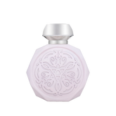 A pale pink, octagonal perfume bottle with intricate, embossed designs on the front. The bottle features a sleek, metallic silver cap that contrasts with the delicate design. The detailed pattern on the bottle adds an elegant and sophisticated touch to its overall appearance.