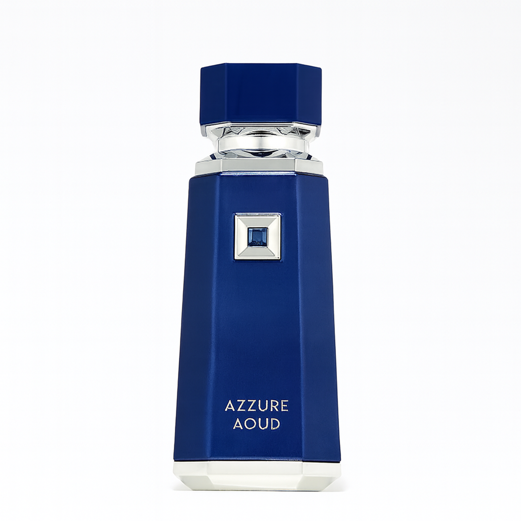 Azzure Aoud perfume in bold blue geometric bottle with silver accents and jewel detail.