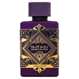 Purple Bade’e Al Oud Amethyst perfume bottle with gold geometric label on white background.