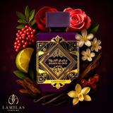 Purple Bade’e Al Oud Amethyst perfume bottle surrounded by roses, lime, vanilla, and spices.