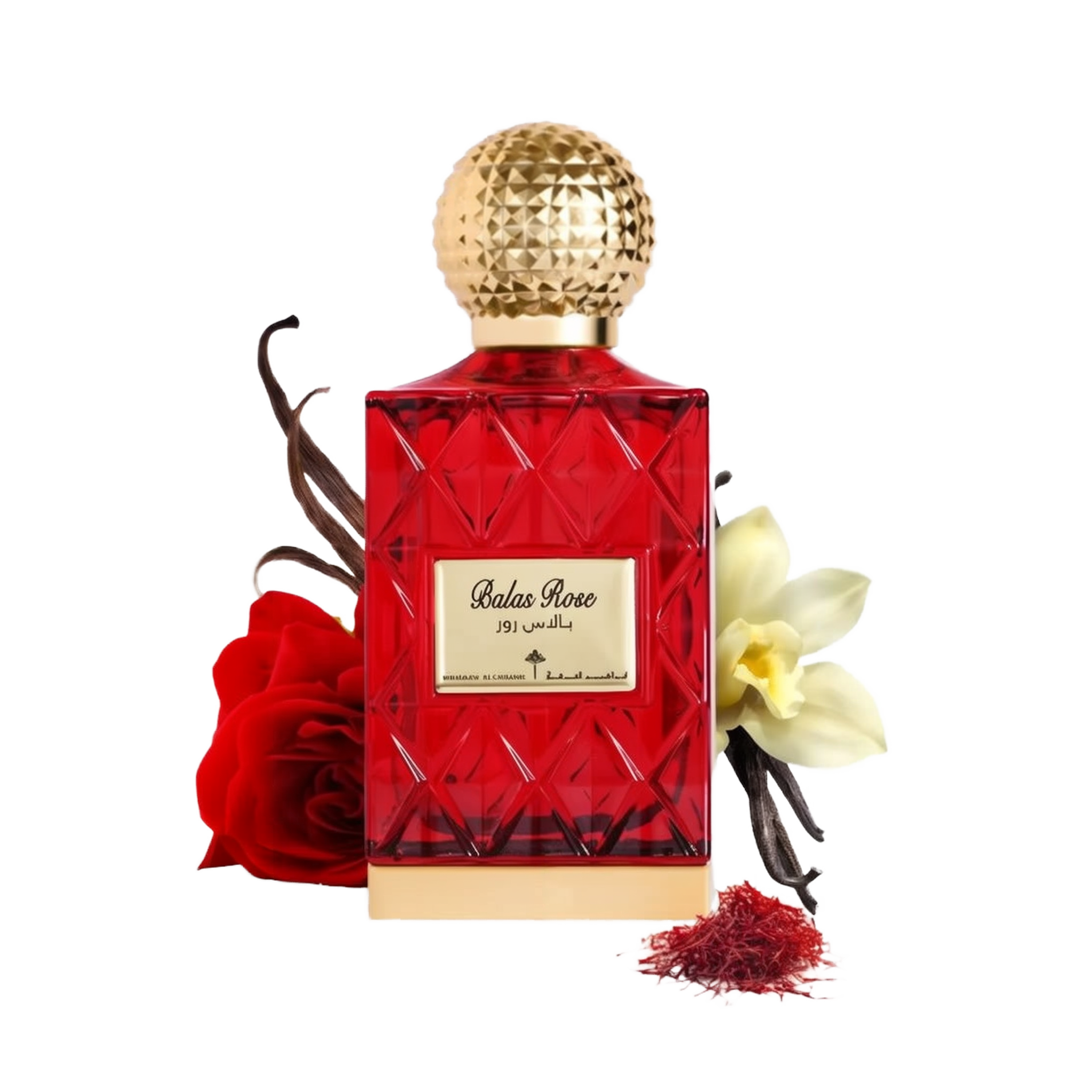 The image depicts a red glass perfume bottle with a golden, textured cap, labeled "Balas Rose" in English with Arabic script above it, suggesting the fragrance's name by the brand Ibraheem Al Qurashi. In the composition, there's a red rose to the left, suggesting the scent's floral nature, vanilla beans to the left, indicating a warm, sweet note, a white flower (possibly vanilla or orchid) to the right, and a small pile of red saffron threads in the front right, hinting at the luxurious ingredients.