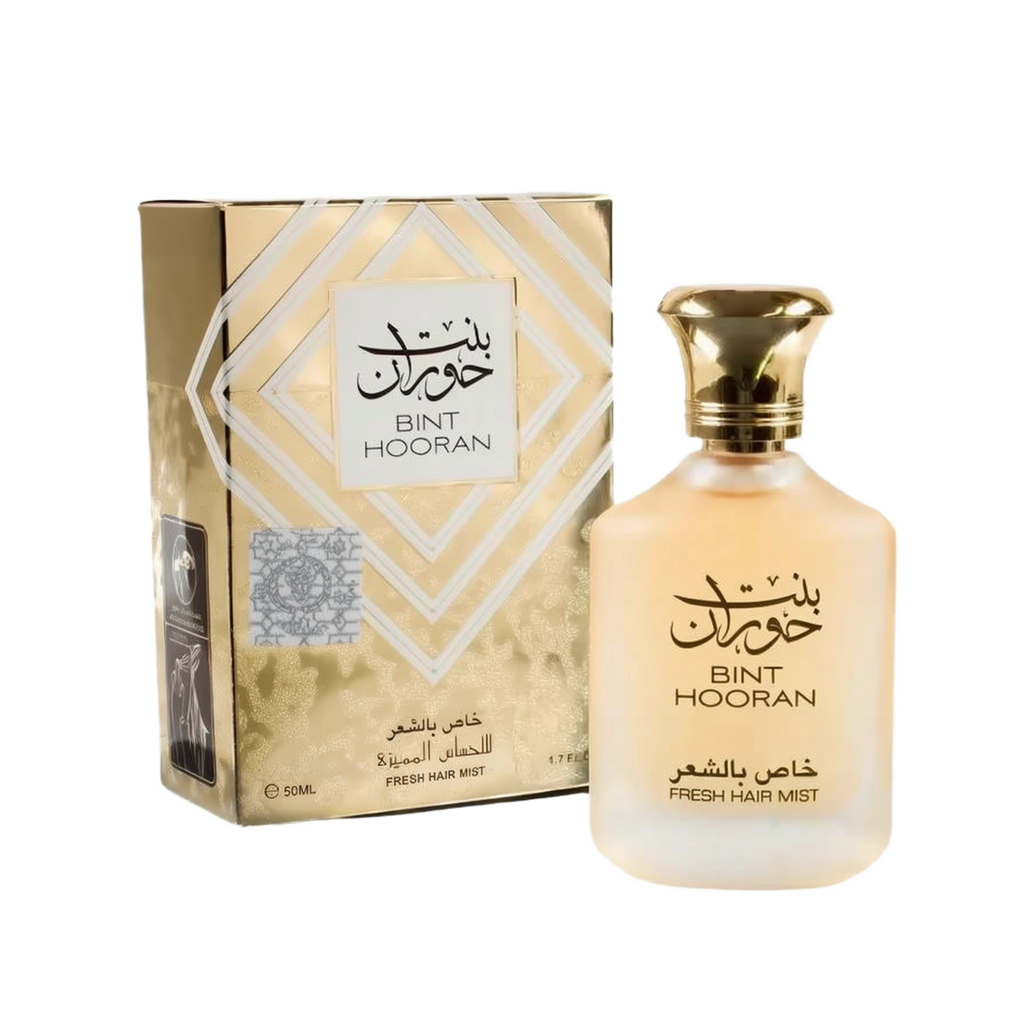 The image shows a fragrance product consisting of a bottle and its corresponding box. It features the label "BINT HOORAN" in both English and Arabic calligraphy. Below the name, the text "FRESH HAIR MIST." The box has a gold metallic finish with geometric white and gold patterns framing a white label with the name "BINT HOORAN." Additional details on the box label include "FRESH HAIR MIST" and the volume "50ML / 1.7 FL.OZ."