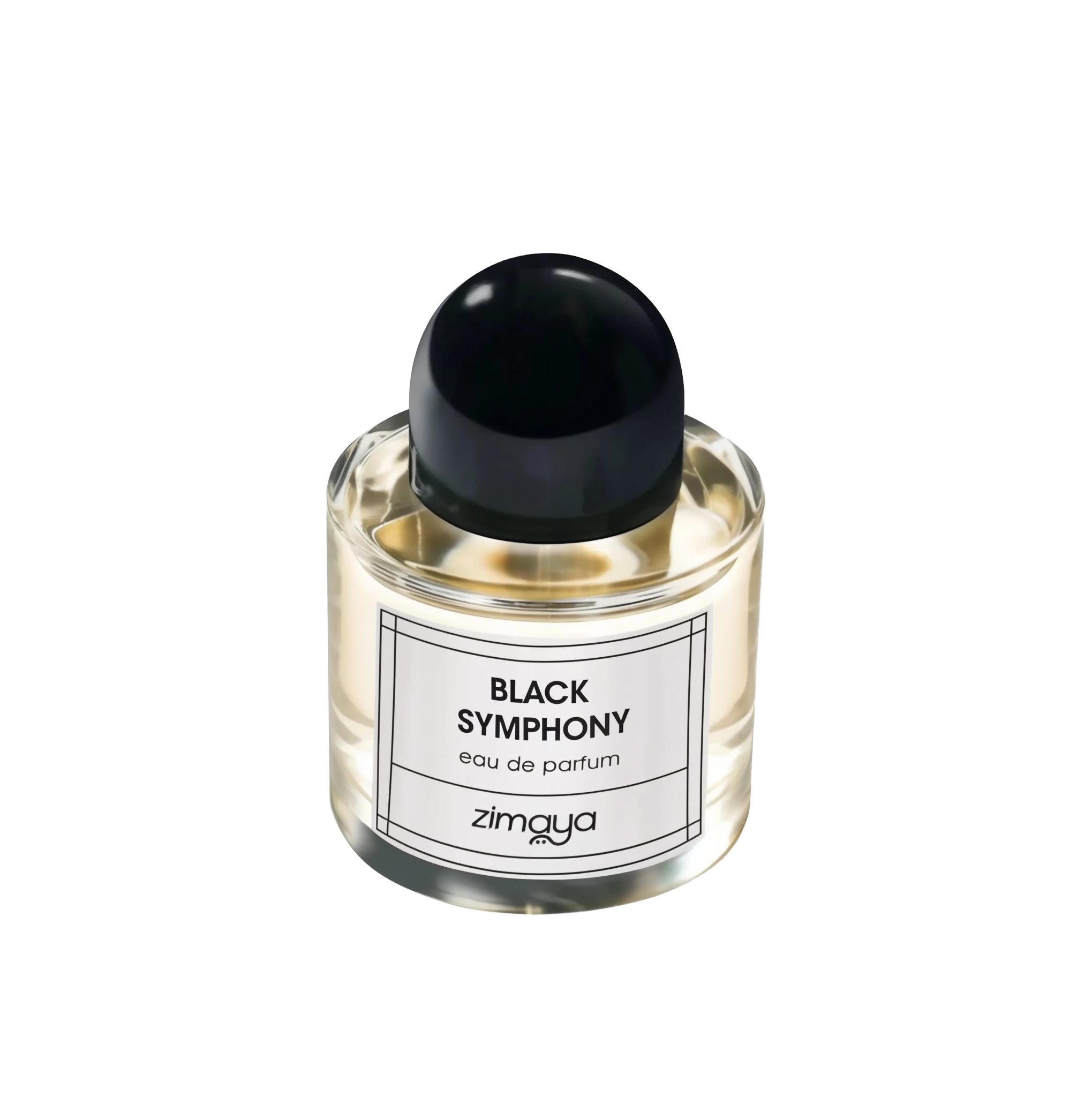The image shows a bottle of "Black Symphony" eau de parfum by Zimaya. The perfume bottle is clear glass, filled with a pale yellow liquid. It has a sleek, modern design with a black cap and a simple white label. The label features black text that reads "BLACK SYMPHONY eau de parfum" and the brand name "zimaya" at the bottom. The overall design is minimalist and elegant, conveying a sense of sophistication and luxury.