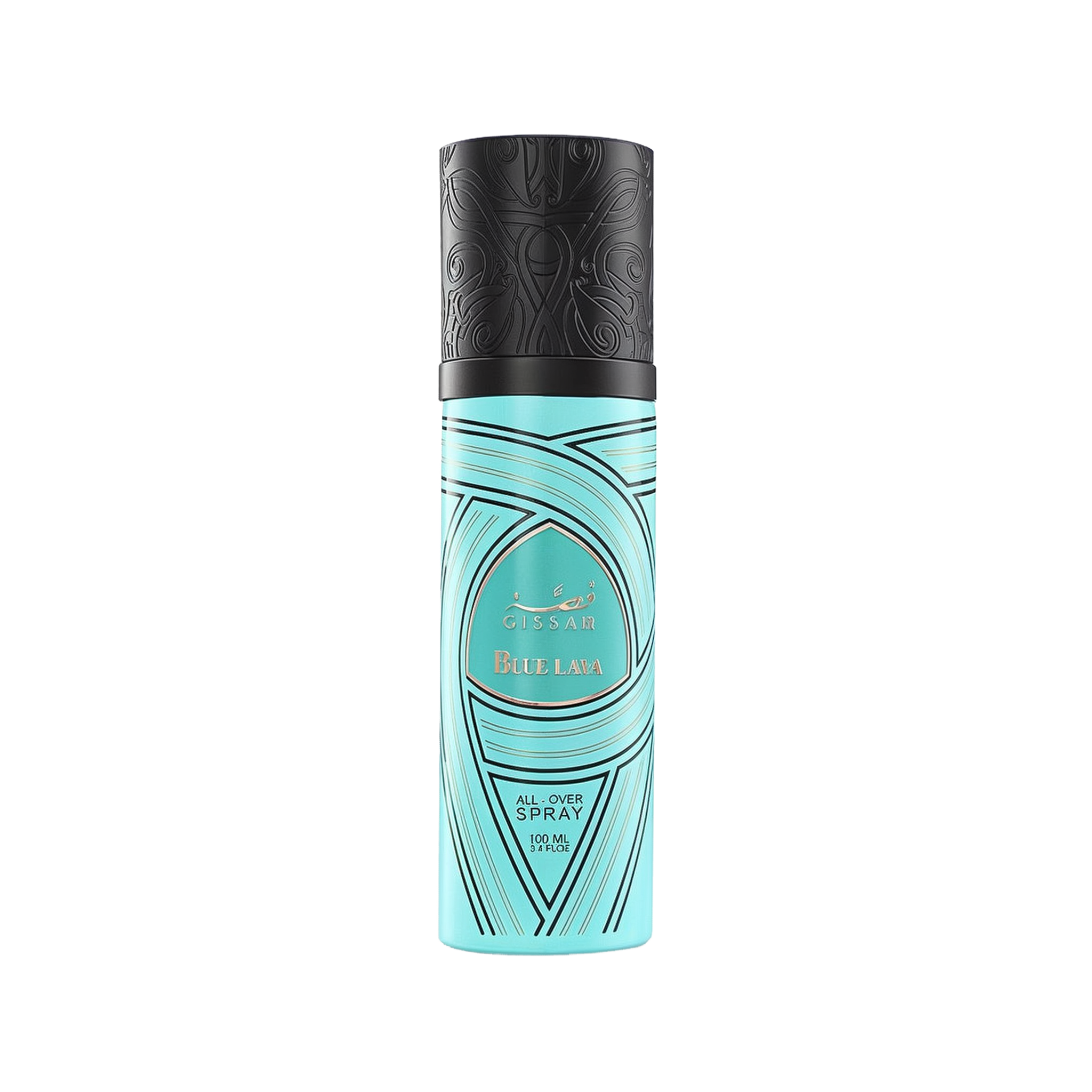 A cylindrical turquoise bottle of Gissah Blue Lava all-over spray with a capacity of 100 mL (3.4 FL OZ). The bottle features intricate black patterns and a black cap with matching detailed designs. The Gissah brand name and "Blue Lava" are prominently displayed in gold lettering on the front, along with the product description.