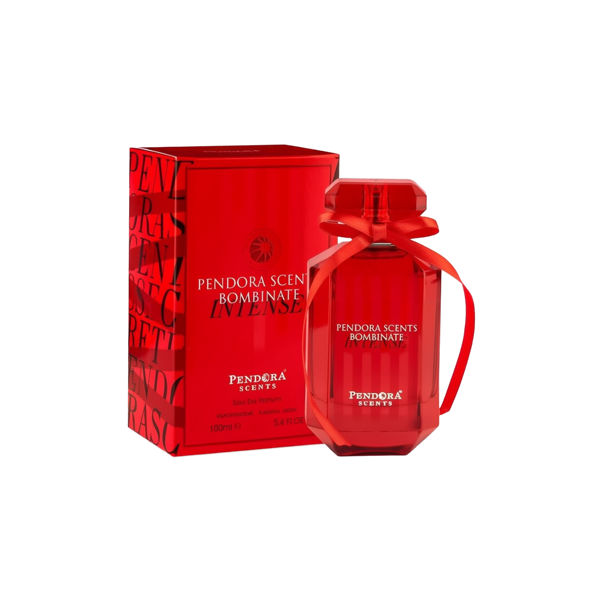 A vibrant, ruby-red faceted glass bottle of Bombinate Intense by Pandora Scents, wrapped with a matching red ribbon, displayed beside its coordinating glossy red box adorned with bold black lettering and brand details.